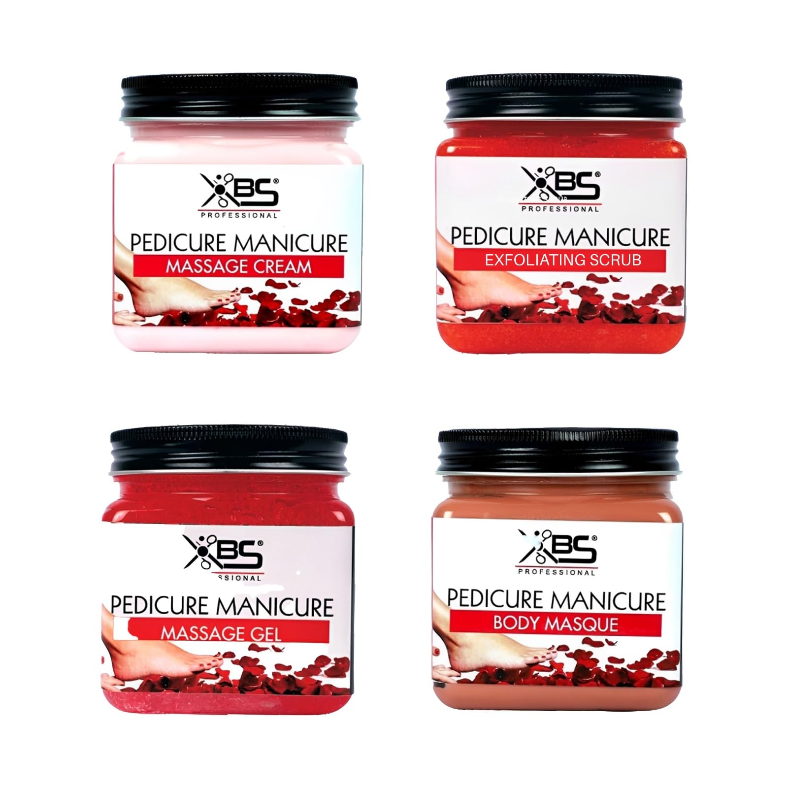 XBS Professional Pedicure Manicure Kit – 4-in-1 Spa Set with Massage Cream, Massage Gel, Exfoliating Scrub & Body Masque – Deep Cleansing, Nourishing & Relaxing Formula – For Hand & Foot Care – 380g Each