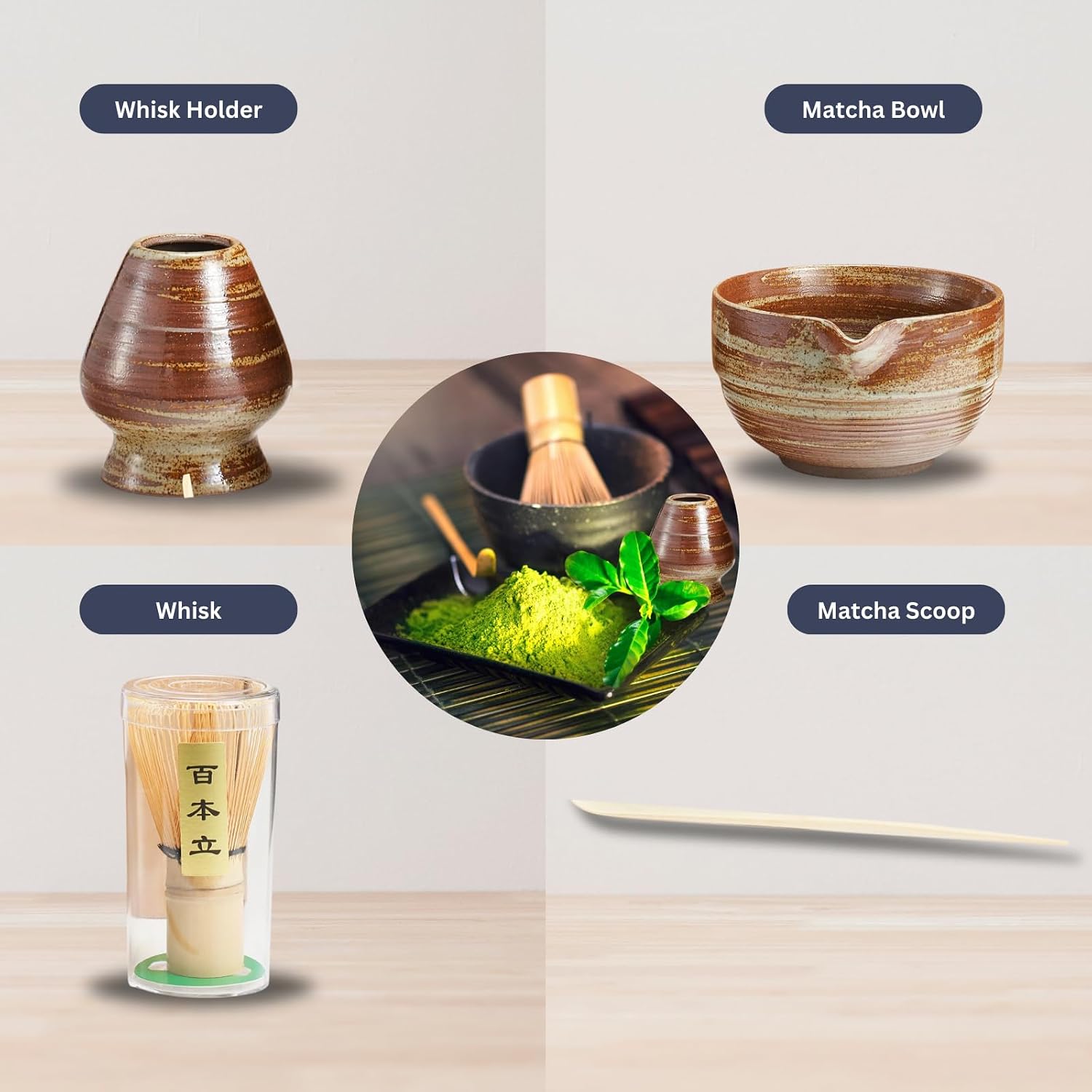 Japanese Matcha Set - Luxury Set by Khen - Matcha Bowl with Spout, Matcha Whisk & Holder, Bamboo Scoop and Stainless Steel Sifter - 5 Pcs Gradient Green Kit Gift Matcha Drink Lover - Terracotta Swirl