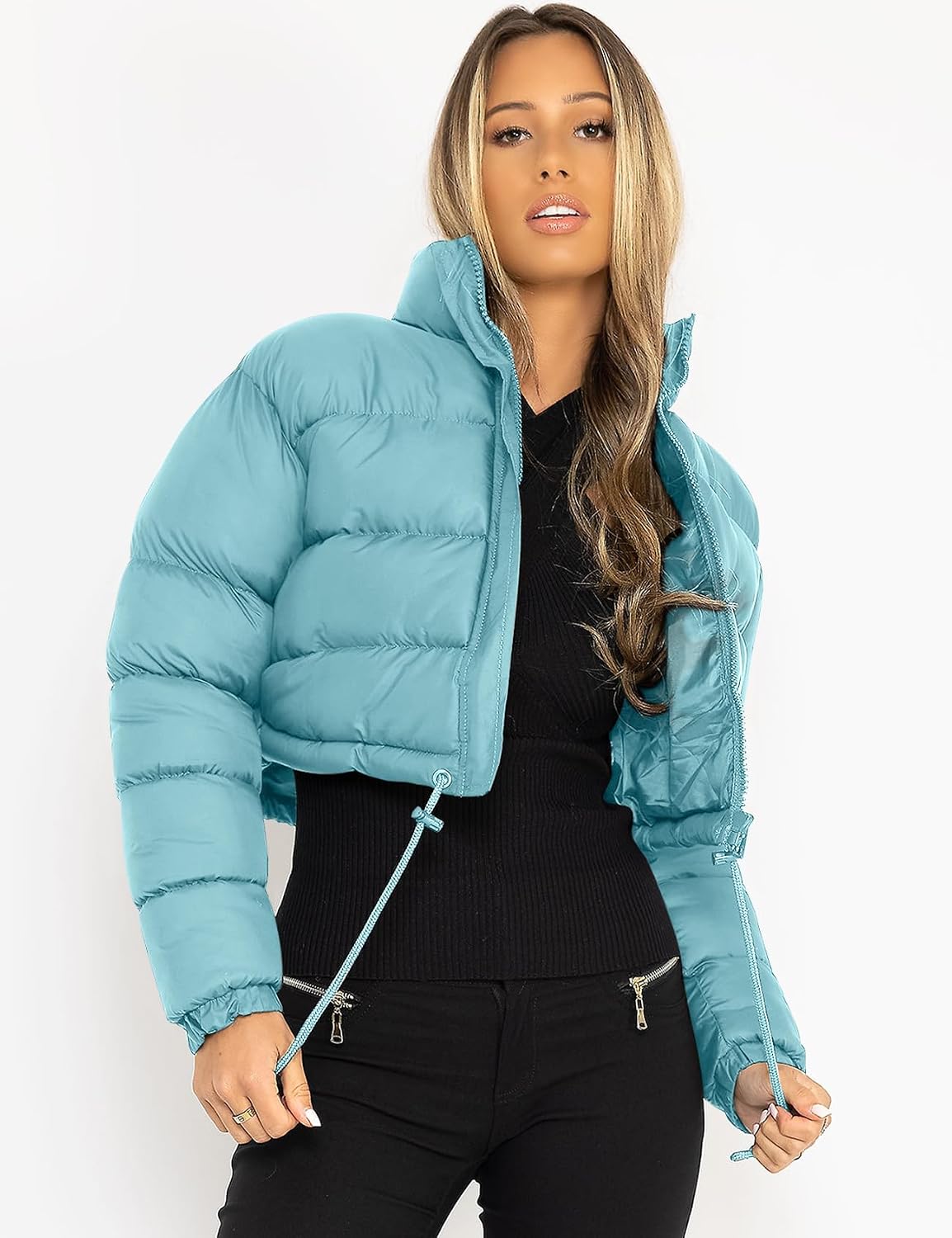 PEHMEA Women's Cropped Puffer Jacket Winter Warm Zip Up Stand Collar Short Down Bubble Coat with Pocket