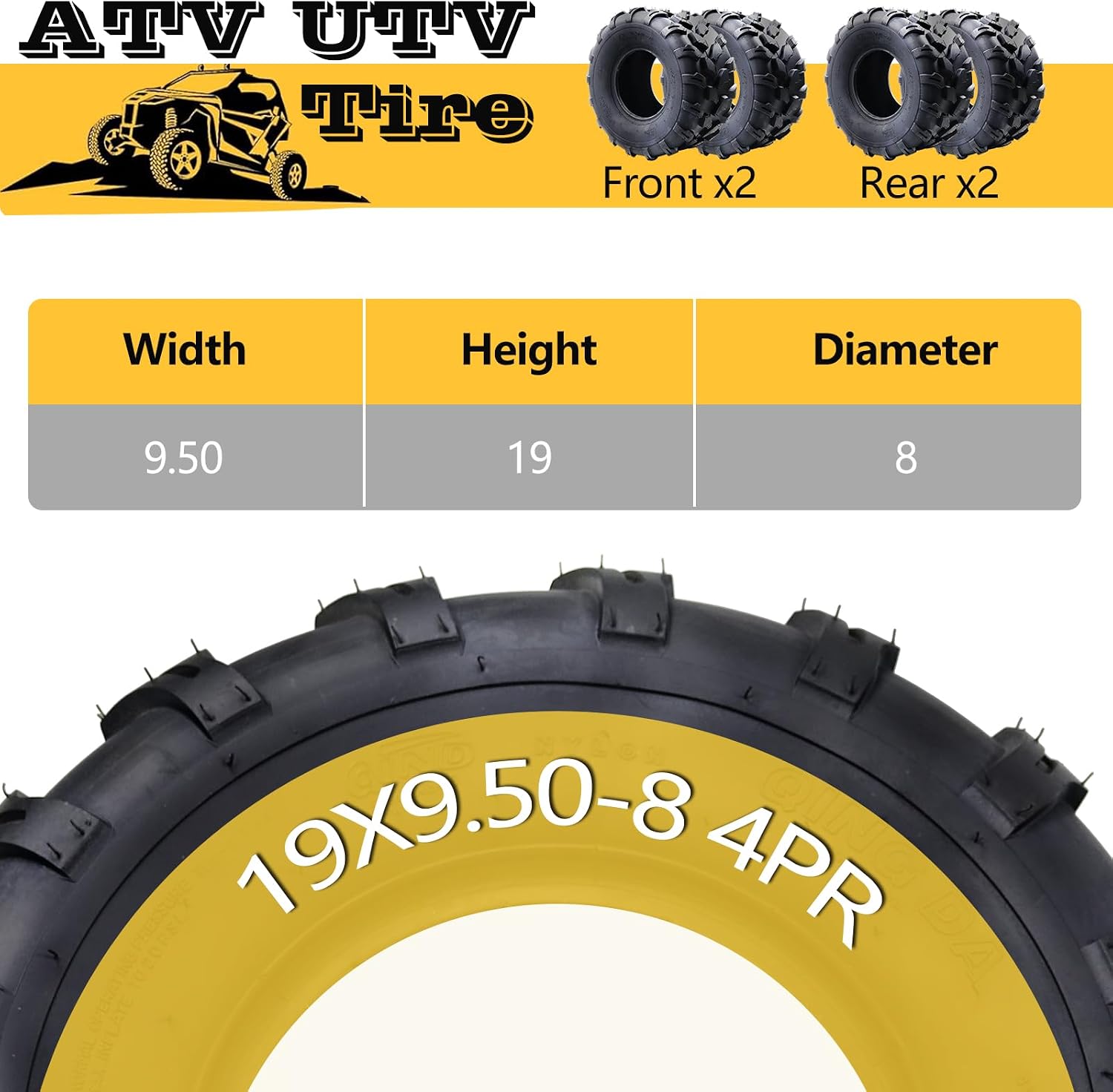 19x9.5-8 ATV Tires (Pack of 2, Tubeless) - 4-Ply Durable AII-Surface Tire for Sport ATV/UTV & Go Karts, Superior Traction, Smooth Ride, Ideal for Off-Road, Trail, Rock Desert Adventures