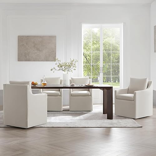 Miniatura 16 de Sillas de comedor tapizadas con ruedas, cubierta lavable, silla de escritorio lateral con rodillos para comedor, sala de estar, beige crema, 1 caja