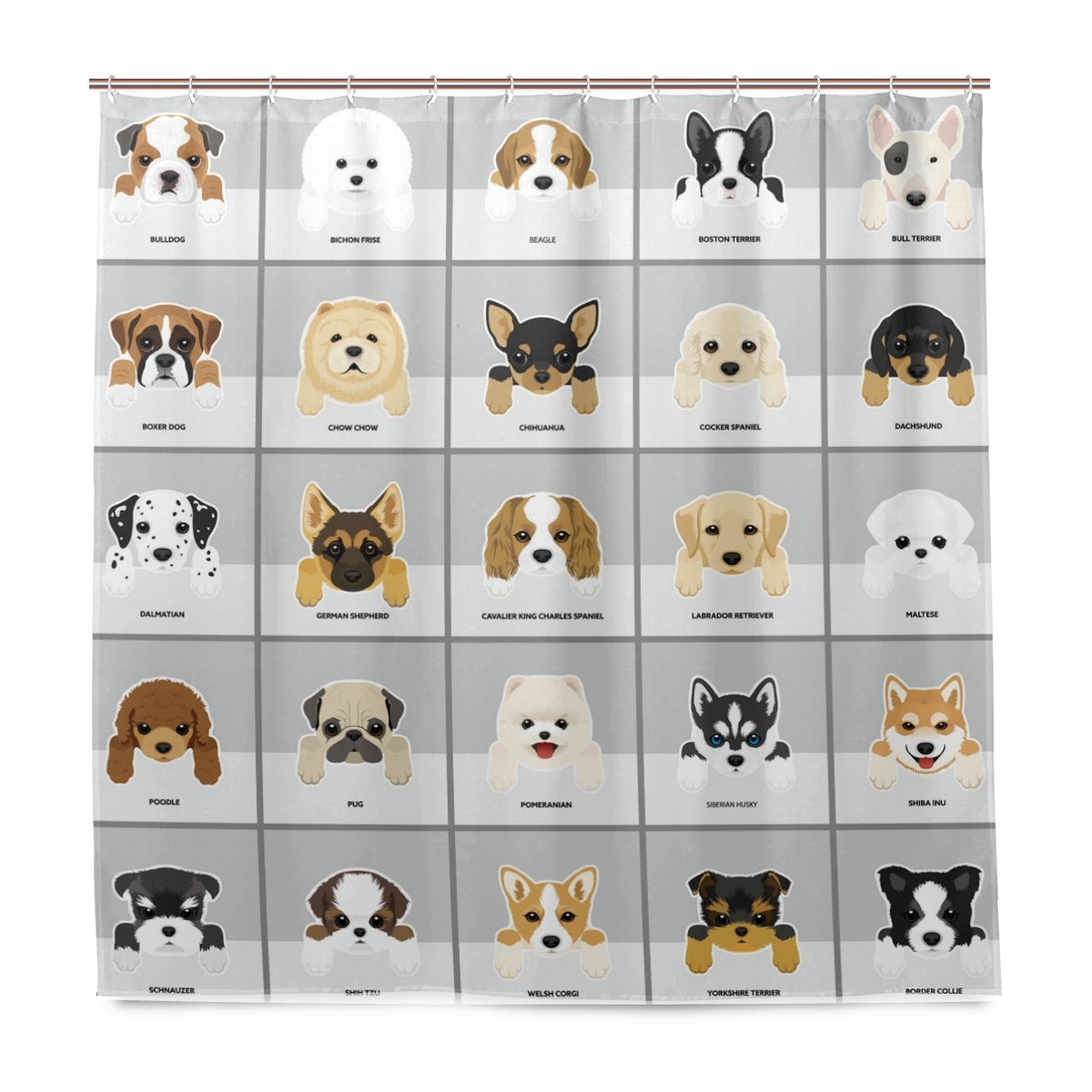 BALII Puppy Dog Breed Shower Curtain 72x72 Inch Polyester Waterproof With 12 Hooks for Bathroom