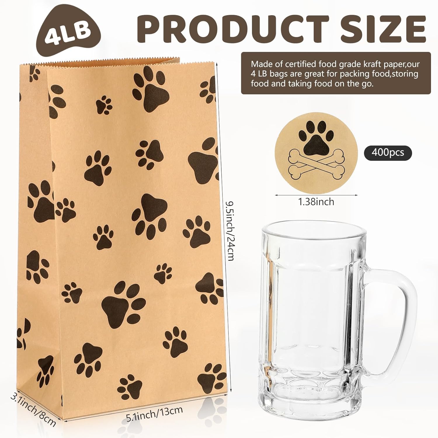 Meanplan 400 Pcs Paper Paw Print Bags with Footprint Paper Dog Treat Bags Bulk for Lunch Snacks Bread Candy Sandwich Popcorn Cookies Food Party Favors (4lb: 9.4 x 5.1 x 3.1 Inch)