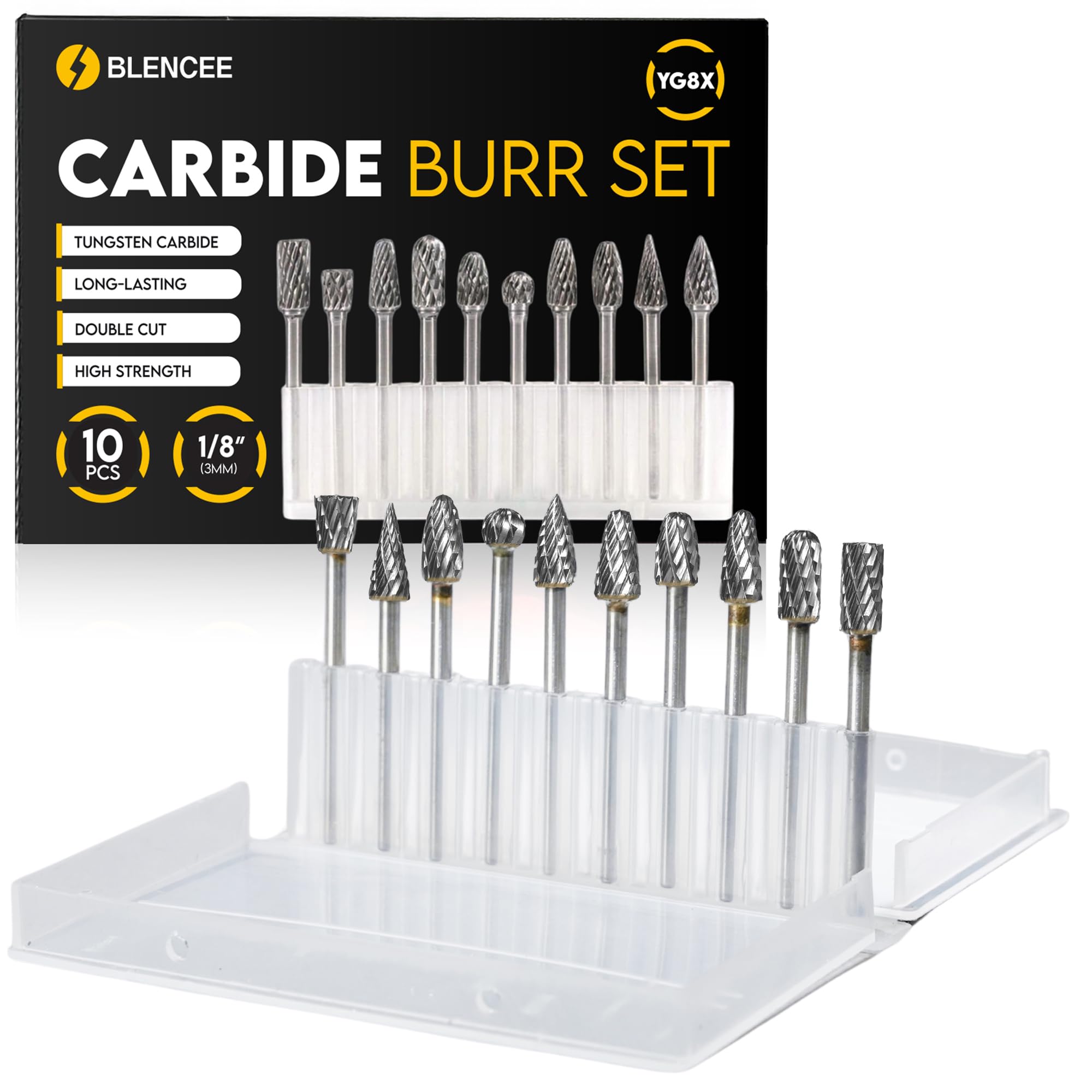 10Pcs Tungsten Carbide Burr Set 6.35mm - 1/4" Shank Double Cut Die Grinder Bits Cutting Burrs - Metal, Steel - Rotary Tools Rasp Accessories - Deburring, Engraving, Grinding, Carving, Porting — Amazon image 9