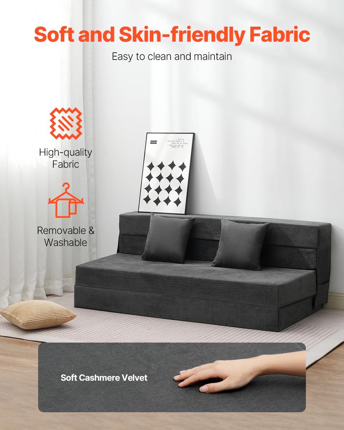 VEVOR Divano Letto Pieghevole con 2 Cuscini e Fodera Lavabile, Poltrona Letto Trasformabile in Memory Foam ad Alta Densità 25D, Divano Futon per Soggiorno, Camera da Letto, Grigio Scuro, Queen