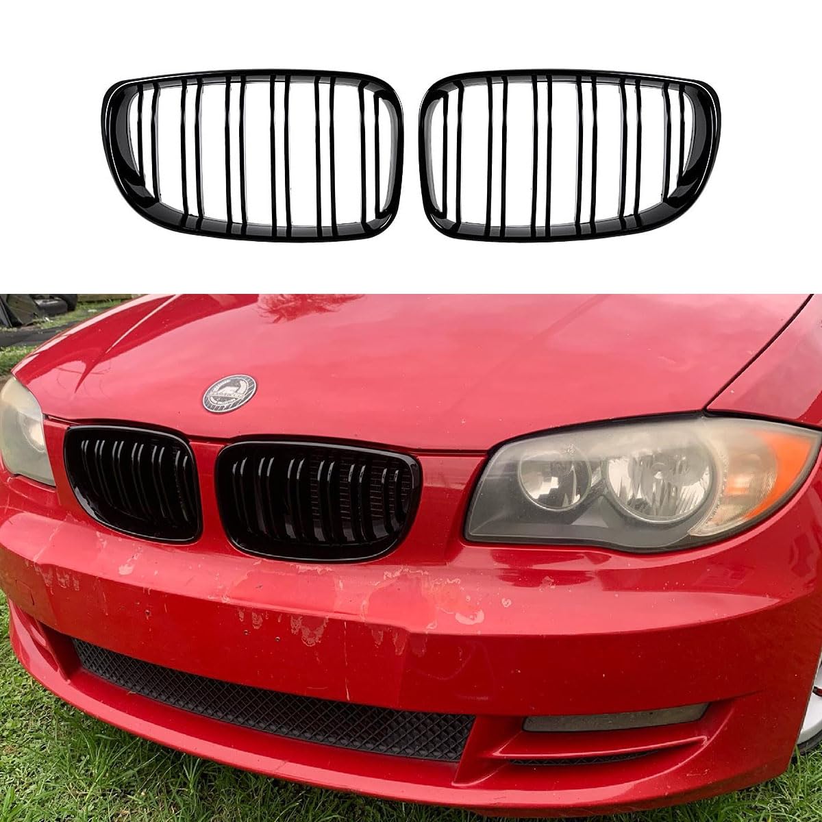 Grille de calandre noire brillante pour E81 E82 E87 E88 1 Series 2008-2013 Calandre avant double barre en forme de rein