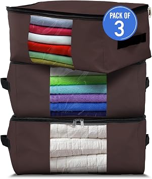 Covers & All Storage Bags, 90 litres Large size Space Saver bags Heavy Duty Storage Organizer Multipurpose, 12 Oz Waterproof UV-Resistant & Tear-Proof 23"L x 17"W x 14"H Inches, Brown, Pack of 3