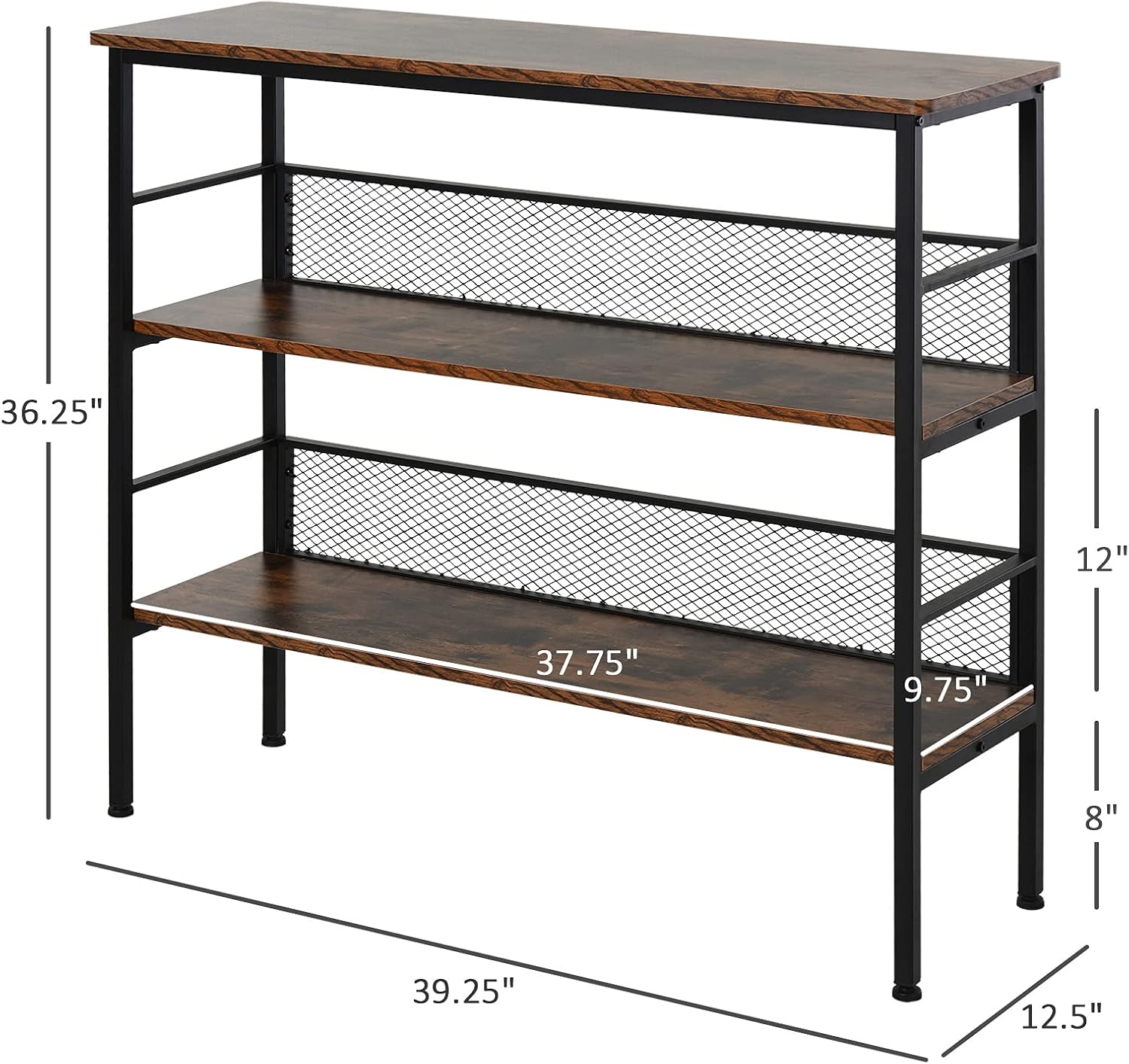 Diagram showing the dimensions of the HOMCOM 3-Tier Industrial Console Table.