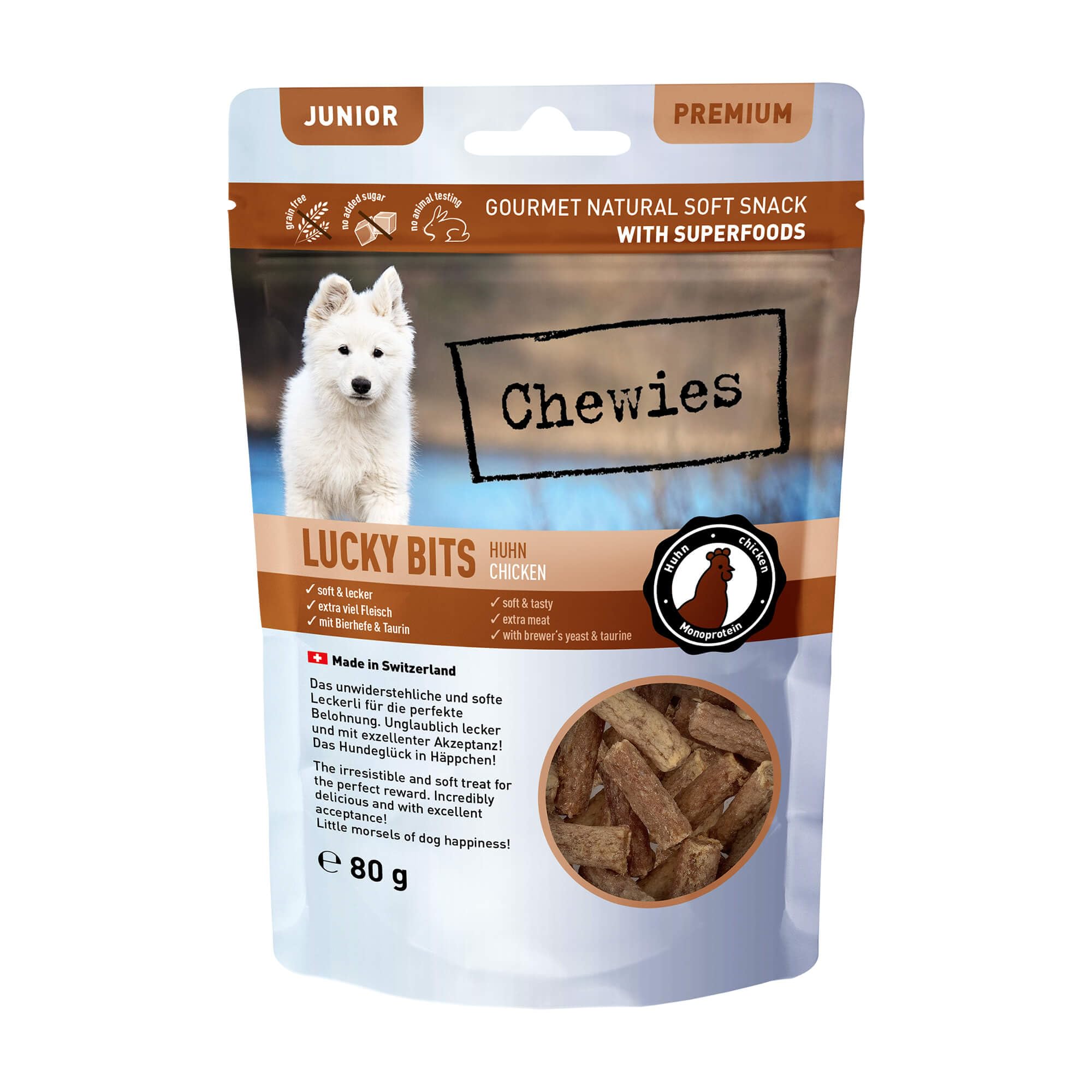 Chewies Junior Lucky Bits - Golosinas Para Perros De Pollo Para Cachorros, Sin Cereales Y Suaves, Con Muchas Proteínas Y Superalimentos Como Levadura De Cerveza O Ginkgo, Sin Azúcar (80 G)