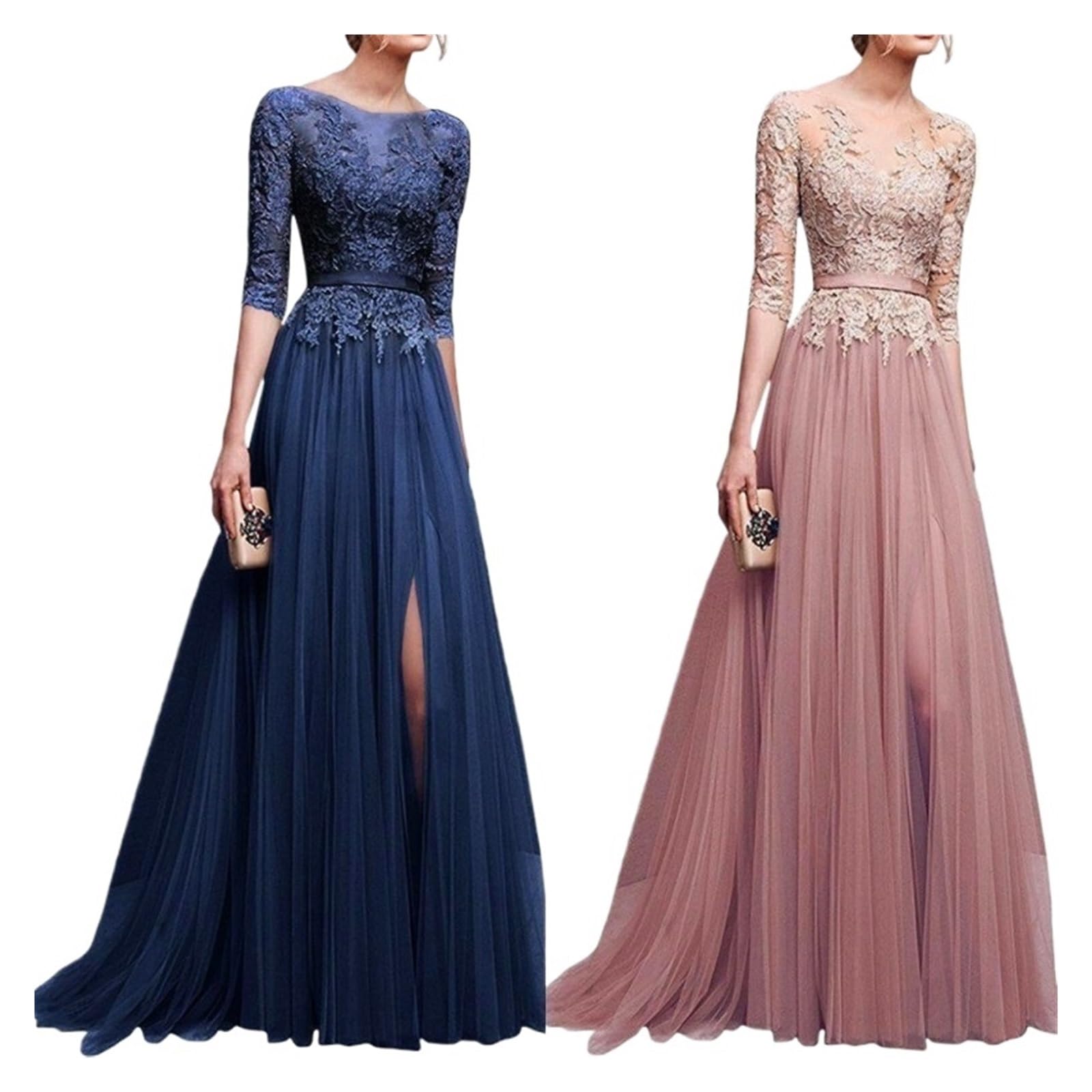 Vestiti Cerimonia Donna Eleganti Abiti Da Damigella D'onore Lunghi Eleganti In Tulle Rosa Blu Con Applicazioni In Pizzo E Mezza Manica, Abiti Da Ballo For Feste Serali Con Spacco Alto(Pink,12)