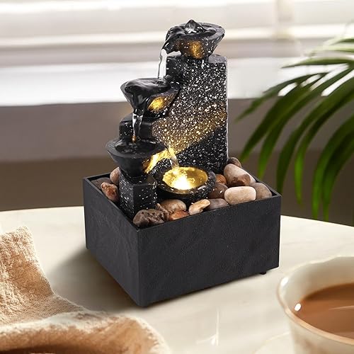 Fuente interior de 4 niveles en cascada, fuente de mesa de meditaciĂłn de relajaciĂłn, cascada de roca, cascada de mesa con LED suave, fuente de Fuente interior de 4 niveles en cascada, fuente de mesa de meditaciĂłn de relajaciĂłn, cascada de roca, cascada de mesa con LED suave, fuente de