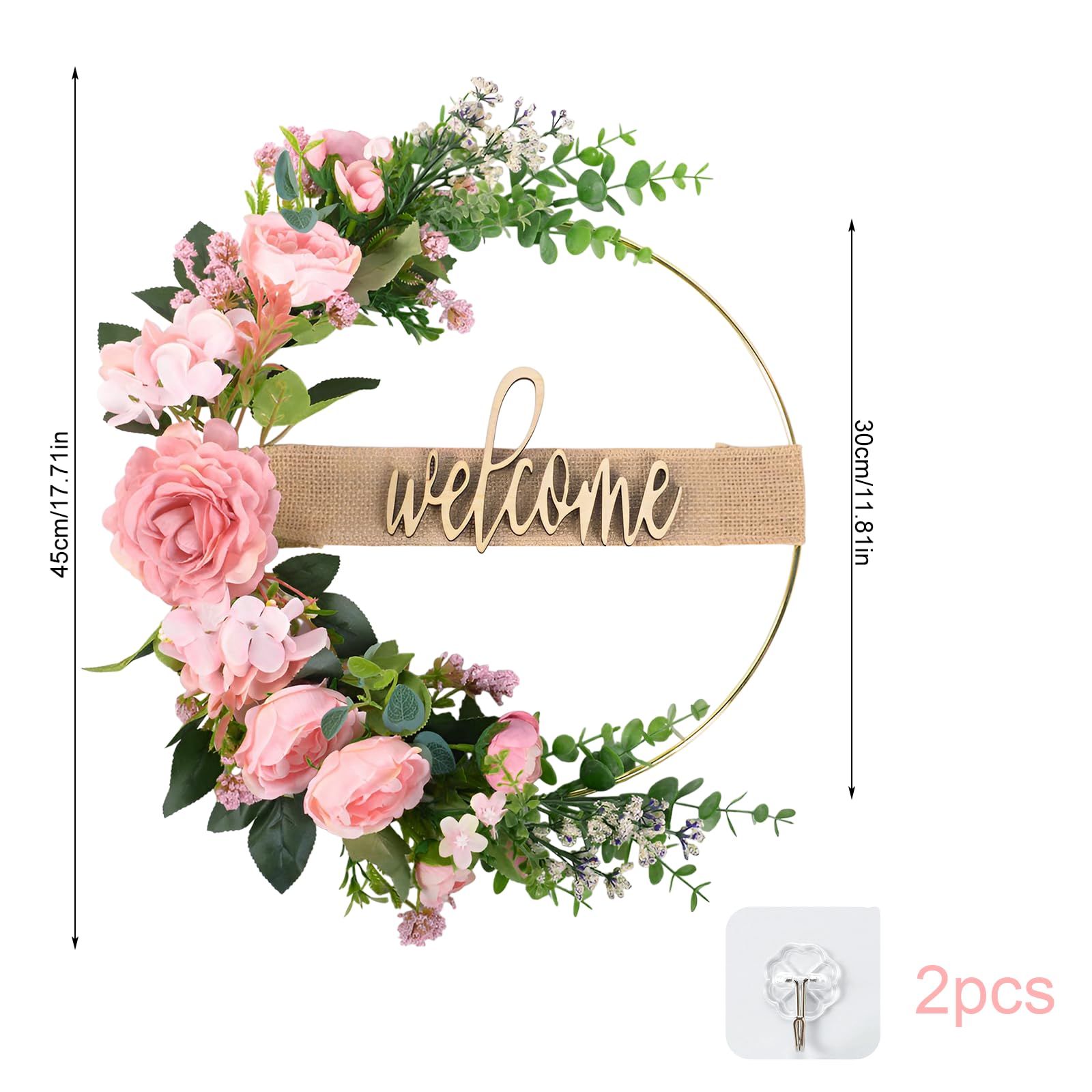 Vaskula Couronne de Porte Décorative Pivoine 40CM Couronne de Fleurs Artificielles Guirlande de Bienvenue pour Portes Salons Chambres à Coucher Murs