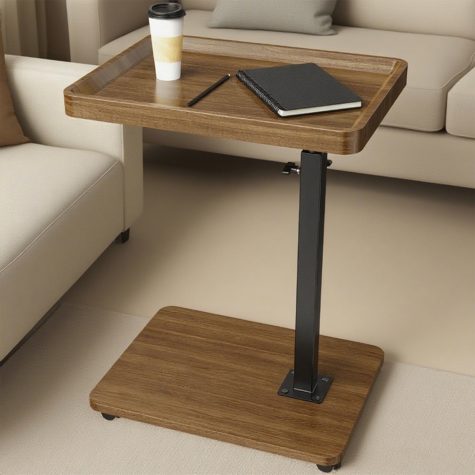 Lnopever Adjustable Side Table C Shaped Side Table with Wheels ＆ 360° Swivel Tray, Swivel Side Tables for Living Room, Swivel Sofa Table C Table for Small Spaces & Bedroom (Walnut)