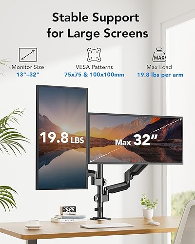 Miniatura 2 de HUANUO Soporte para monitor dual de hasta 32 pulgadas, soporte de monitor más alto con capacidad para 19.8 libras, soporte de escritorio con brazo