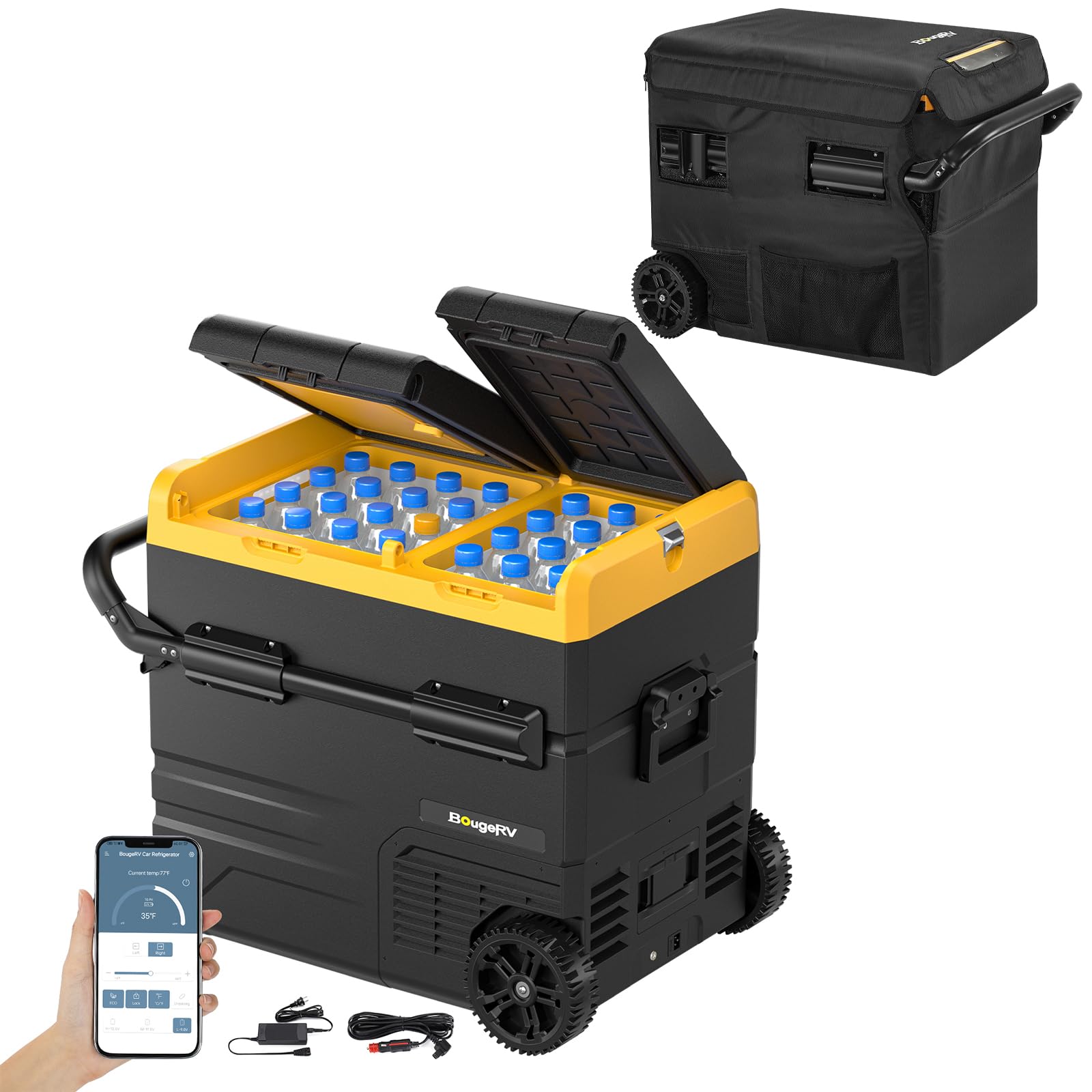 BougeRV Nevera para compresor de 55 L (doble zona) 12/24 V CC y 110-240 V CA con funda protectora portátil de 55 l, cubierta protectora aislada impermeable y resistente a los arañazos