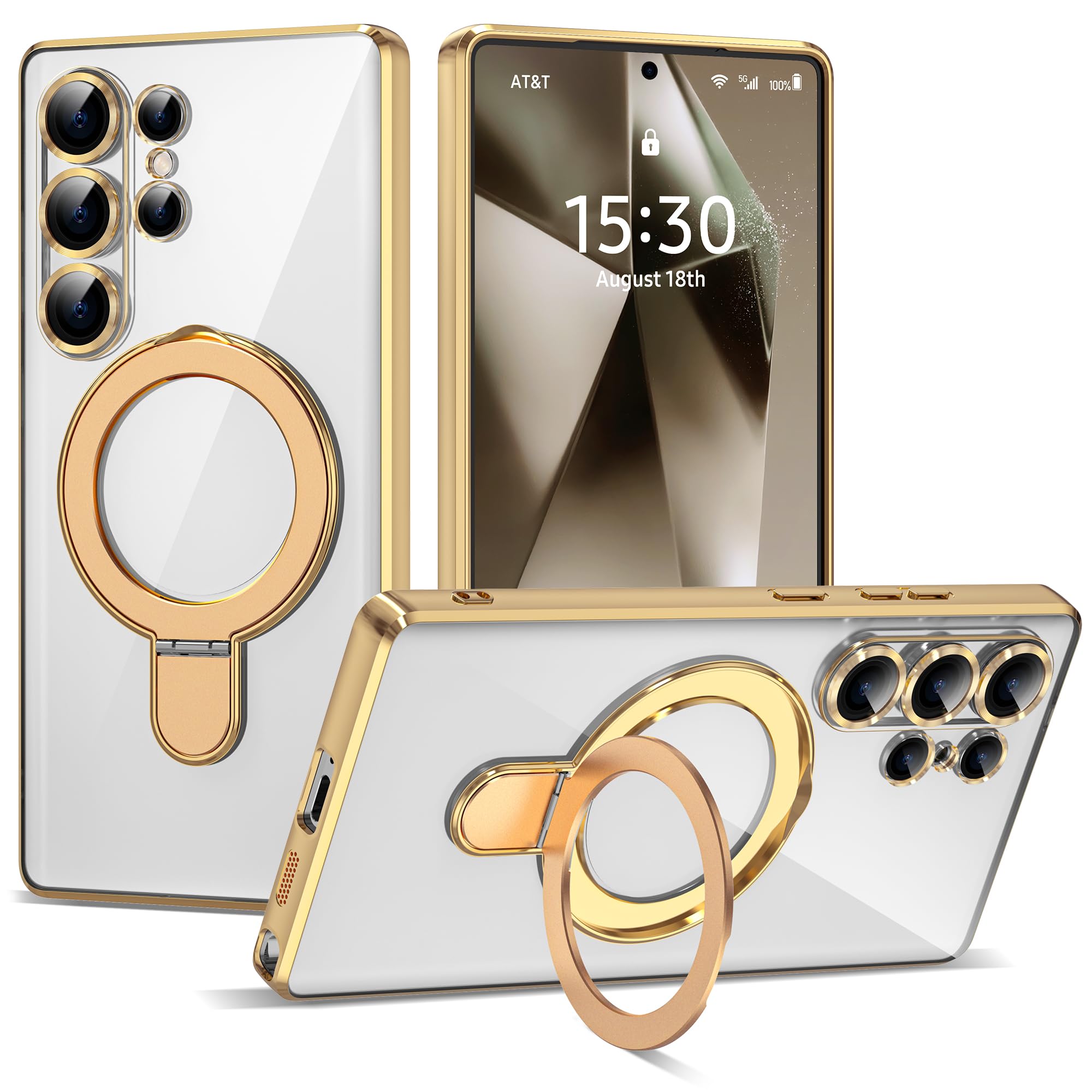 ETPESOK Compatible with Samsung Galaxy S24 Ultra Case with Magnetic Ring Stand [Compatible with Mag-Safe] [Full Camera Lens Protector] Plating Clear