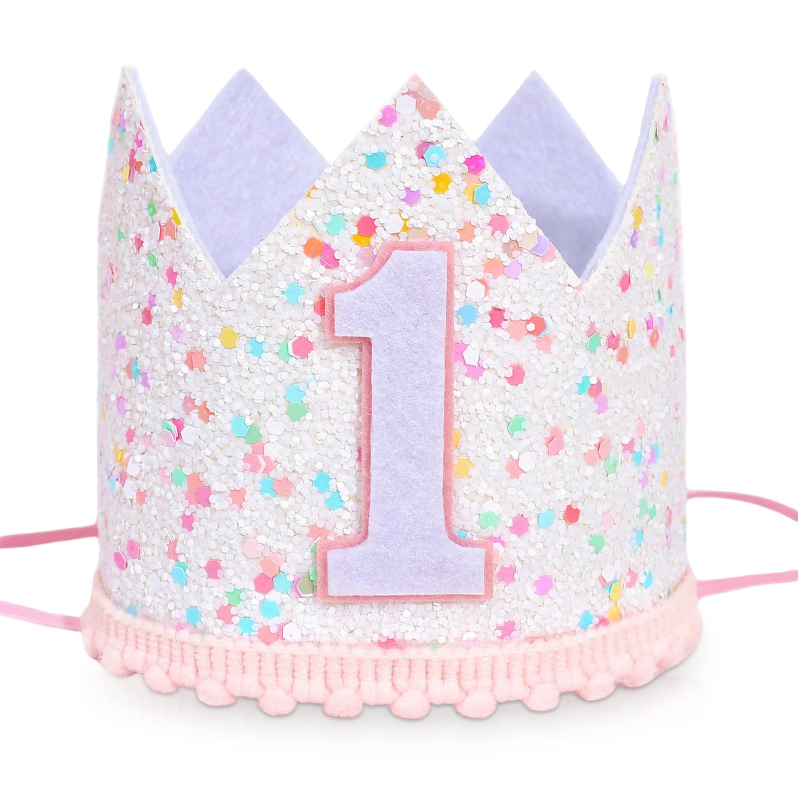 Cunegra Baby Girl 1st Birthday Crown, First Birthday Girl Headband, Princess Tiara with Bow and Pom Poms, Soft Fabric Sparkly Birthday Hat for Baby Photo Prop Party Decorations