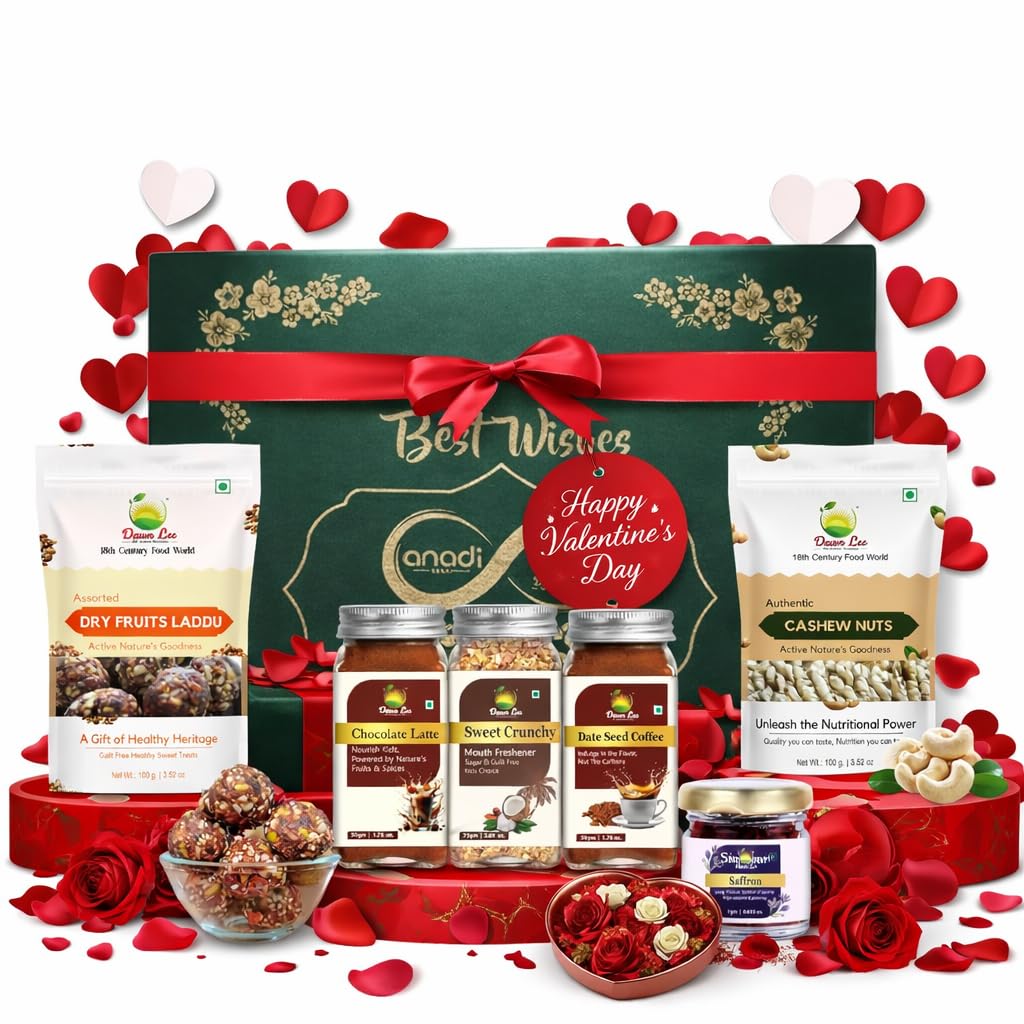 Dawn Lee Luxury Gourmet Gift Basket | Dry Fruit Laddus, Chocolate Latte, Date Seed Coffee & Kashmiri Saffron | Premium Cashews & Beverage Gift Set | Birthday, Holiday & Corporate Gift