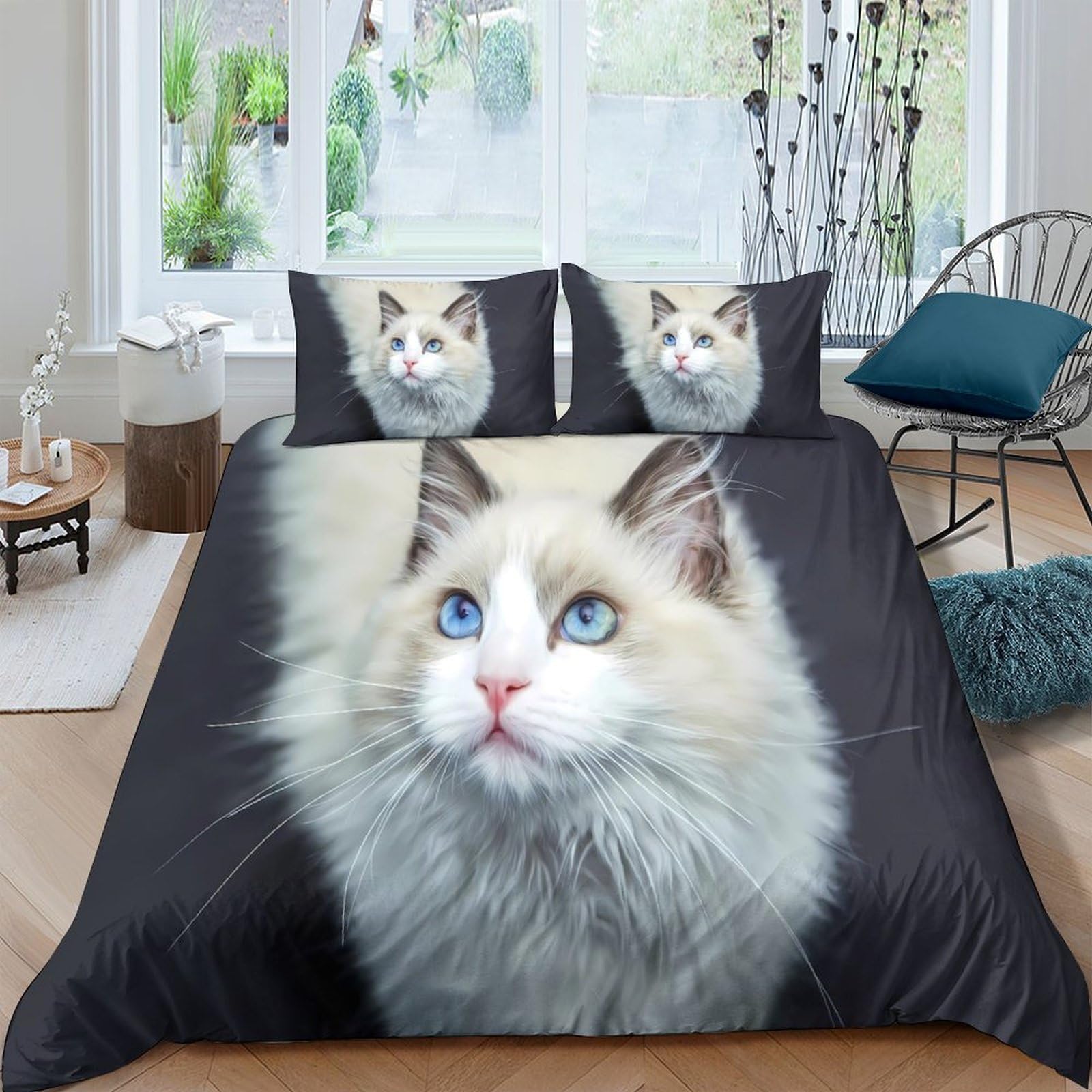 Ctjqhvkz Style-6 3D Printed Ragdoll Cat Fitted Sheet Microfiber Soft Bedroom Decor Realistic Blue Eyes Bed Cover Mattress Protection Single（135X200cm）