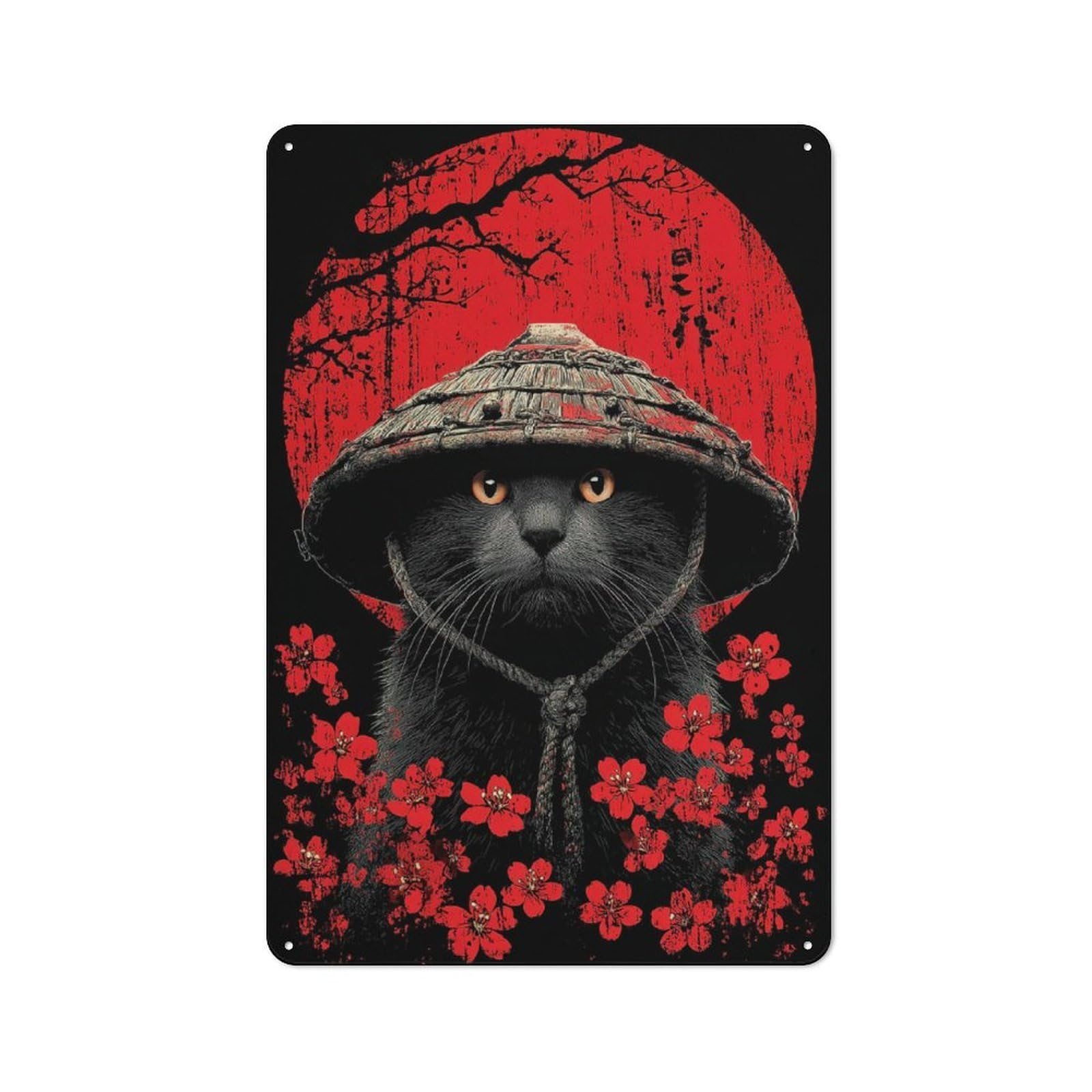 Junmoney Style-5 Tin Wall Plaque 30X20cm With Samurai Cat With Red Flowers For Guest Room Or Hallway, For Updating Guest Room And Hallway After Moving