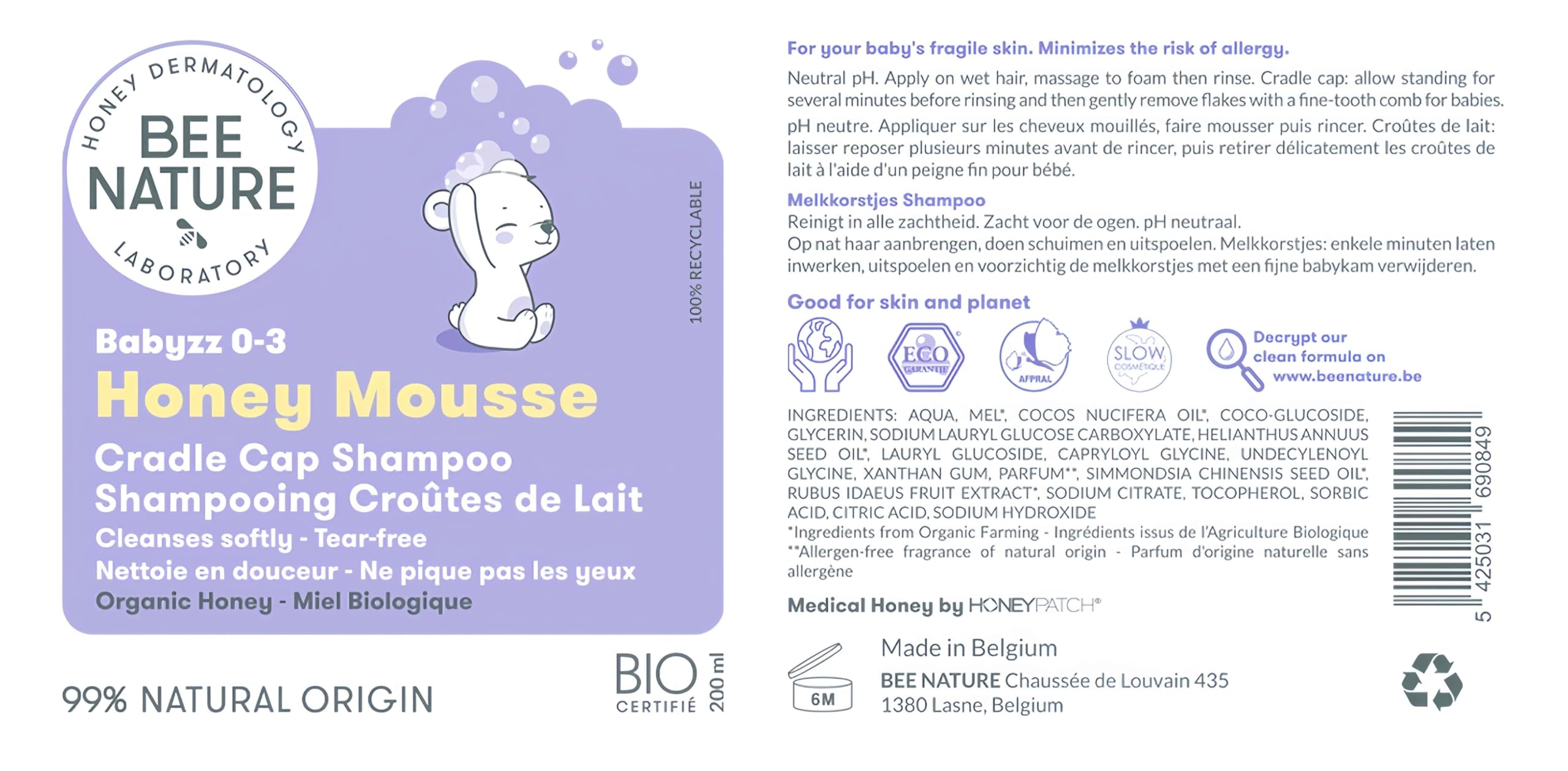 Bee Nature - Shampoing Bébé et Enfant - Croûtes de Lait - Miel Bio - Extra Doux - YUKA 100/100 - Sans Larmes - Convient aux Cuirs Chevelus Secs, Sensibles, qui Démangent et Sujets à l'Eczéma - 200ml