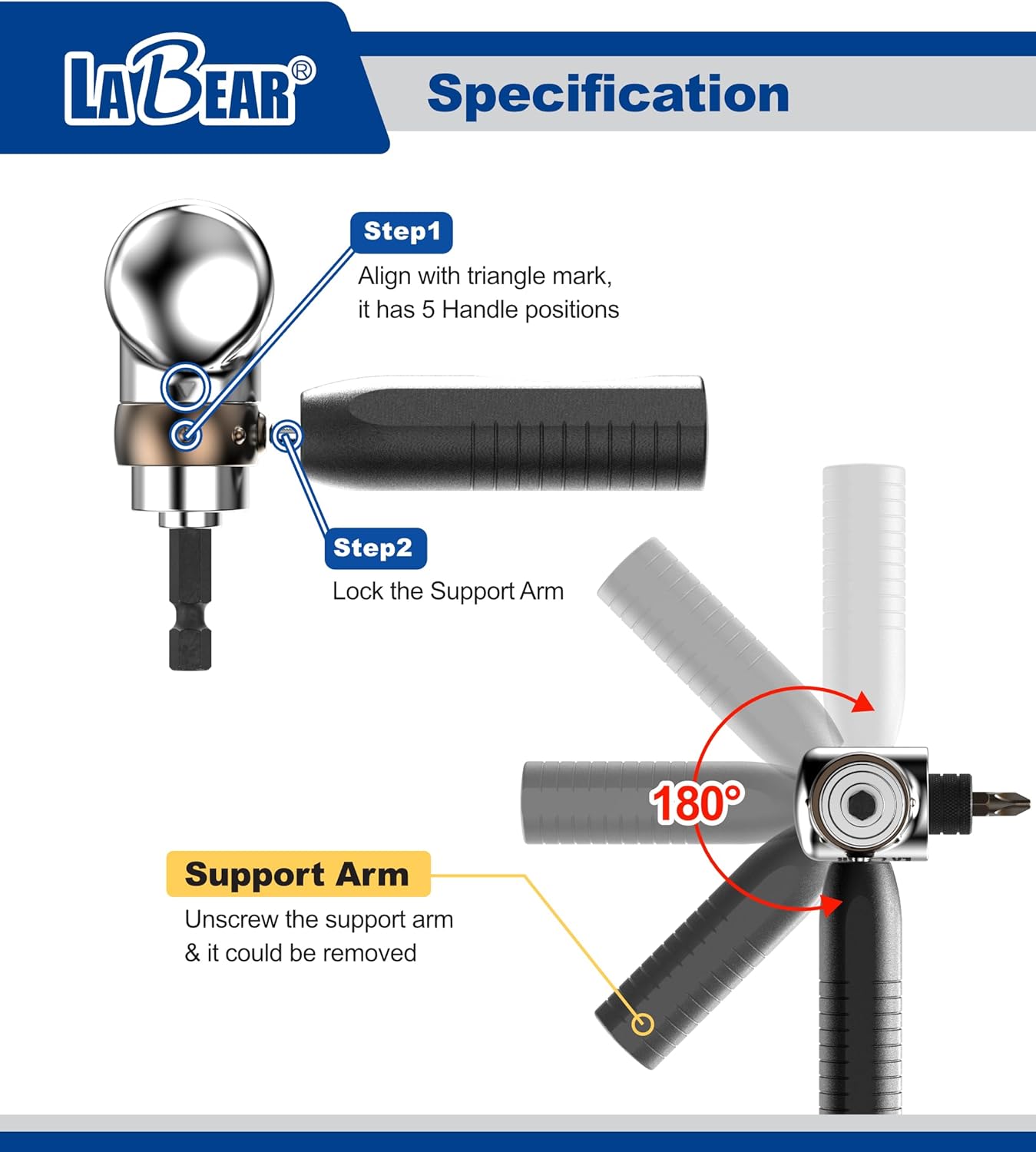 LABEAR - 1/4" Dr Impact Right Angle Drill Attachment, Right Angle Drill, 360° Rotating Head, 90° Adjustable Handle, Quick-Release Mechanism, Compatible with Impact Drivers & Manual Tools