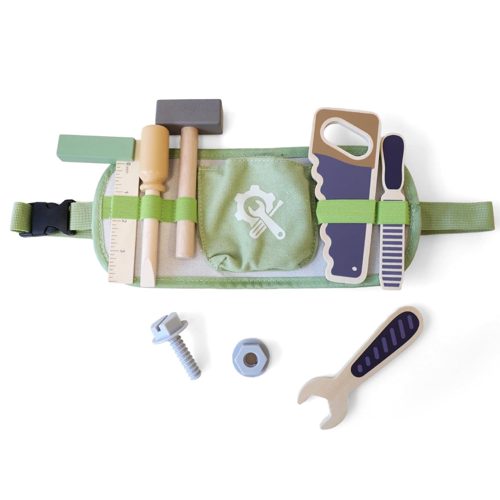 Kids Tool Belt Set with Adjustable Strap - 6 Wooden Tools & Screw for Toddlers 3+ Pretend Play - Durable Educational Toy