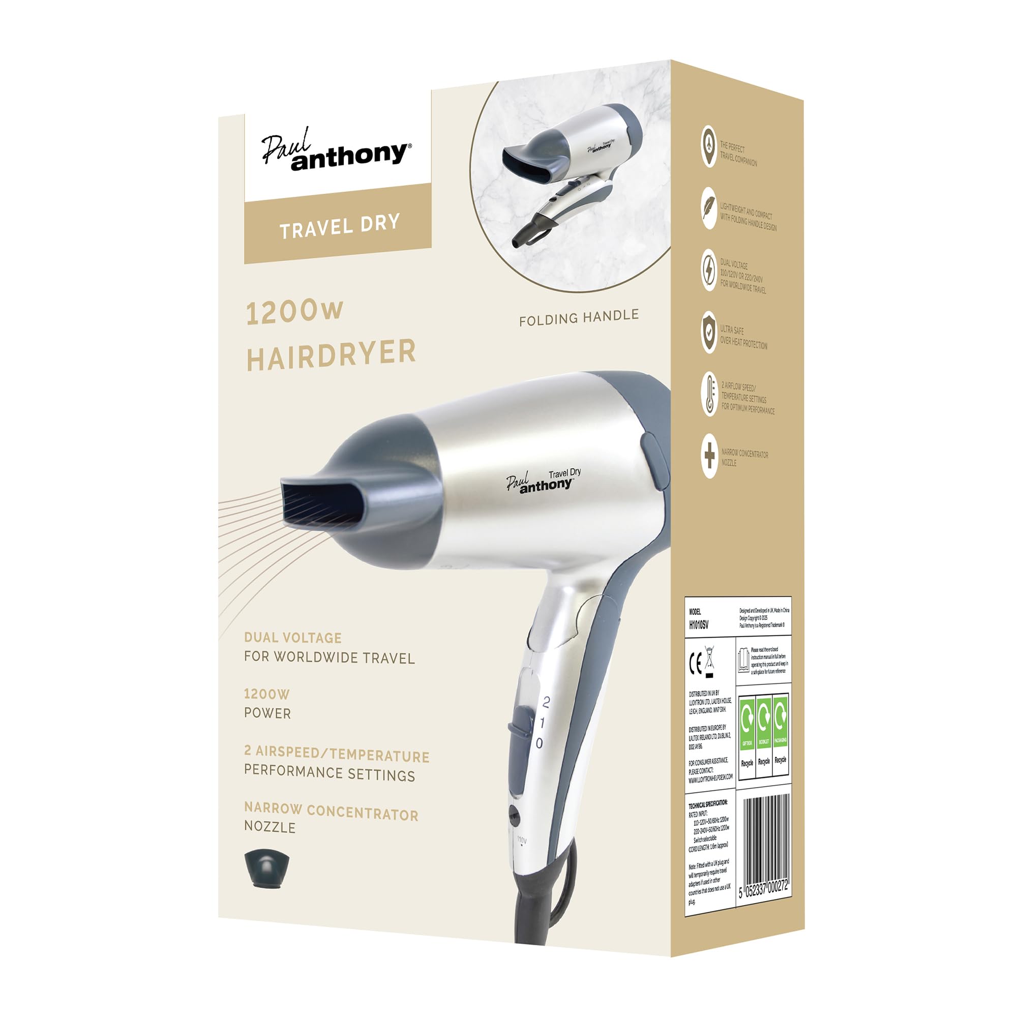 Lloytron H1010Sv Compact Travel Hair Dryer Small 1200W Dual Voltage With Folding HandleSilver from B&Q