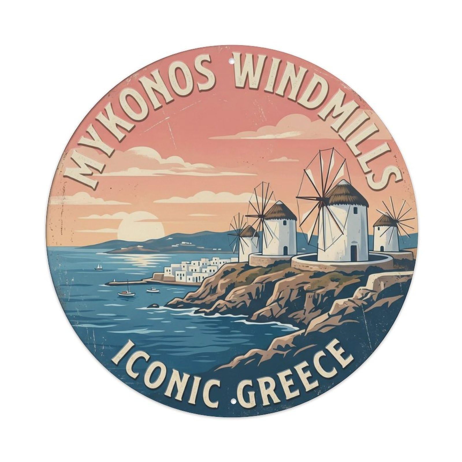 Mykonos Windmill Iconic Greece Island Metal Tin Sign Plaque Wall Decor for Cafe, Club Bar, Office, Home Garden Round Metal Poster 8x8Inch
