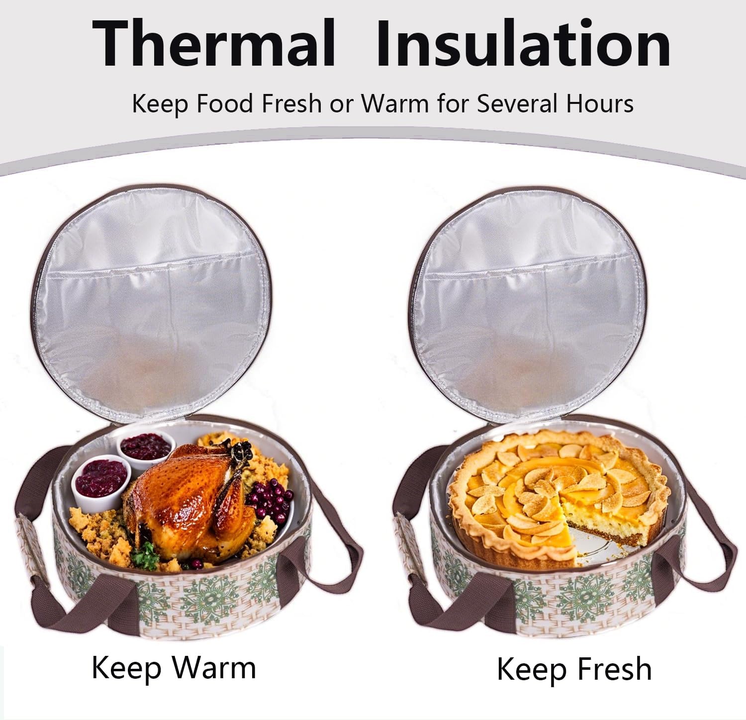 Round Insulated Pie Carrier Bag - Portable Thermal 9"-12" Lunch Cake Casserole Tote with Straps to Secure Dishes, Pocket for Utensils to Keep Food Hot or Cold for Potlucks, Picnics, Travel-Brown