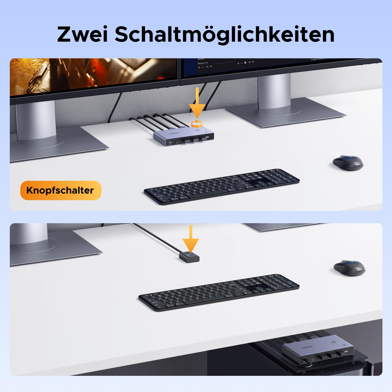 UGREEN USB C KVM Switch 4K60Hz 2 PC 1 Monitor Unterstützt EDID Verwaltung KVM Umschalter 2 In 1 Out mit 4 USB 3.0 Ports für Maus, Tastatur, Tragbare Festplatte, USB-Stick usw.