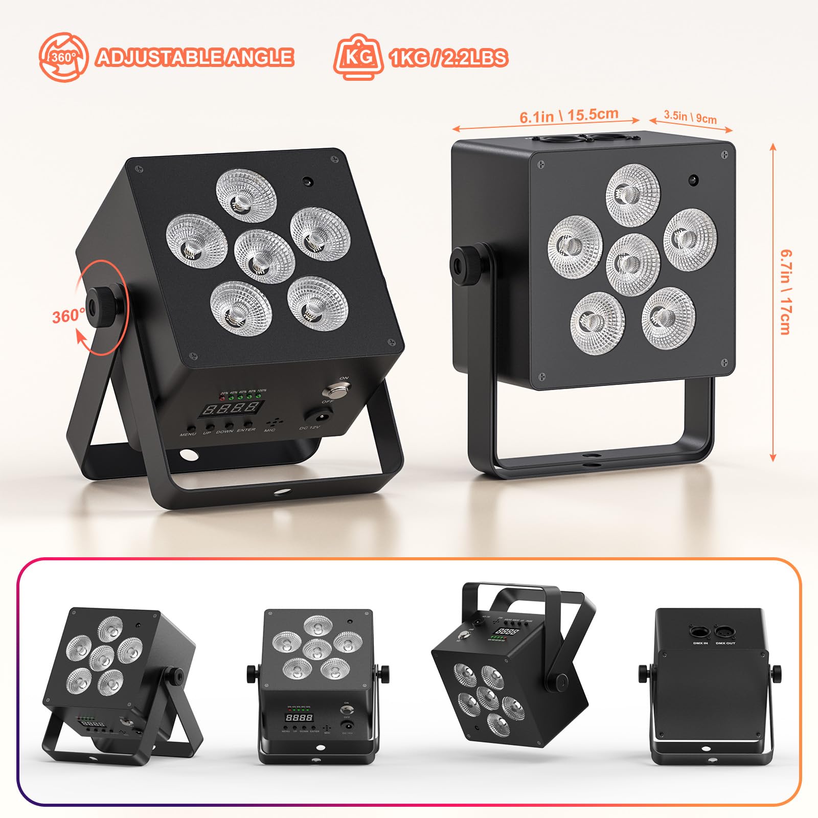 4er 60 W Akku LED Par Licht mit Lichtstativ und Fernbedienung, Wiederaufladbare 5200-mAh RGBWA+UV DMX Bühnenlicht mit Soundaktivierung DJ Uplights für disco Partys Hochzeiten Konzerte