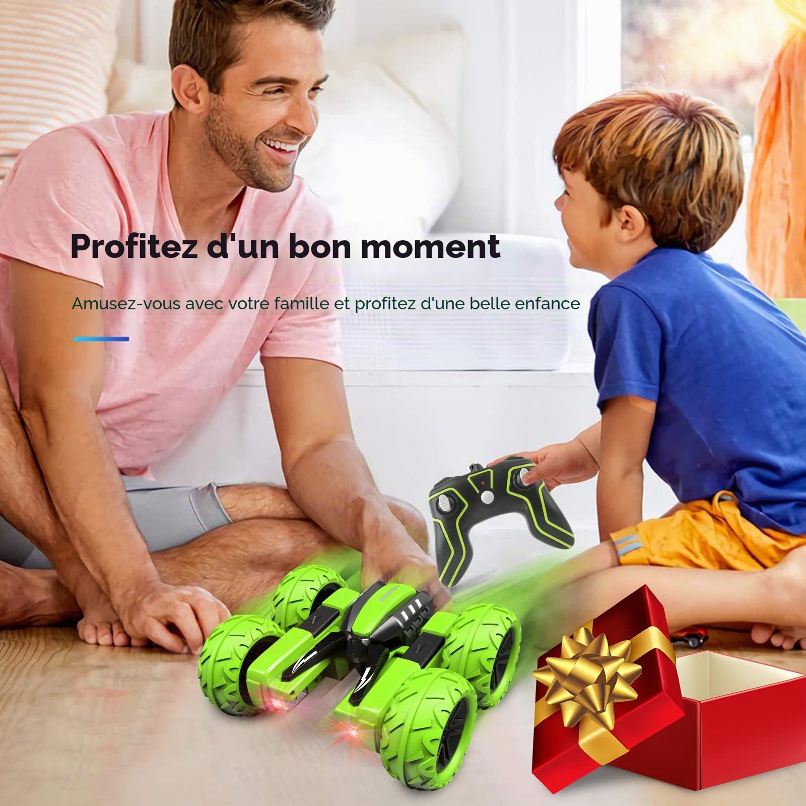 Amicool RC Voiture Telecommandé Tout Terrain, 4WD 360°Rotation Stunt Car Offroad RC Véhicule avec LED, 2.4GHz Voiture Radiocommandee Crawlers pour Enfants 6-12 Ans G03080R(Vert)