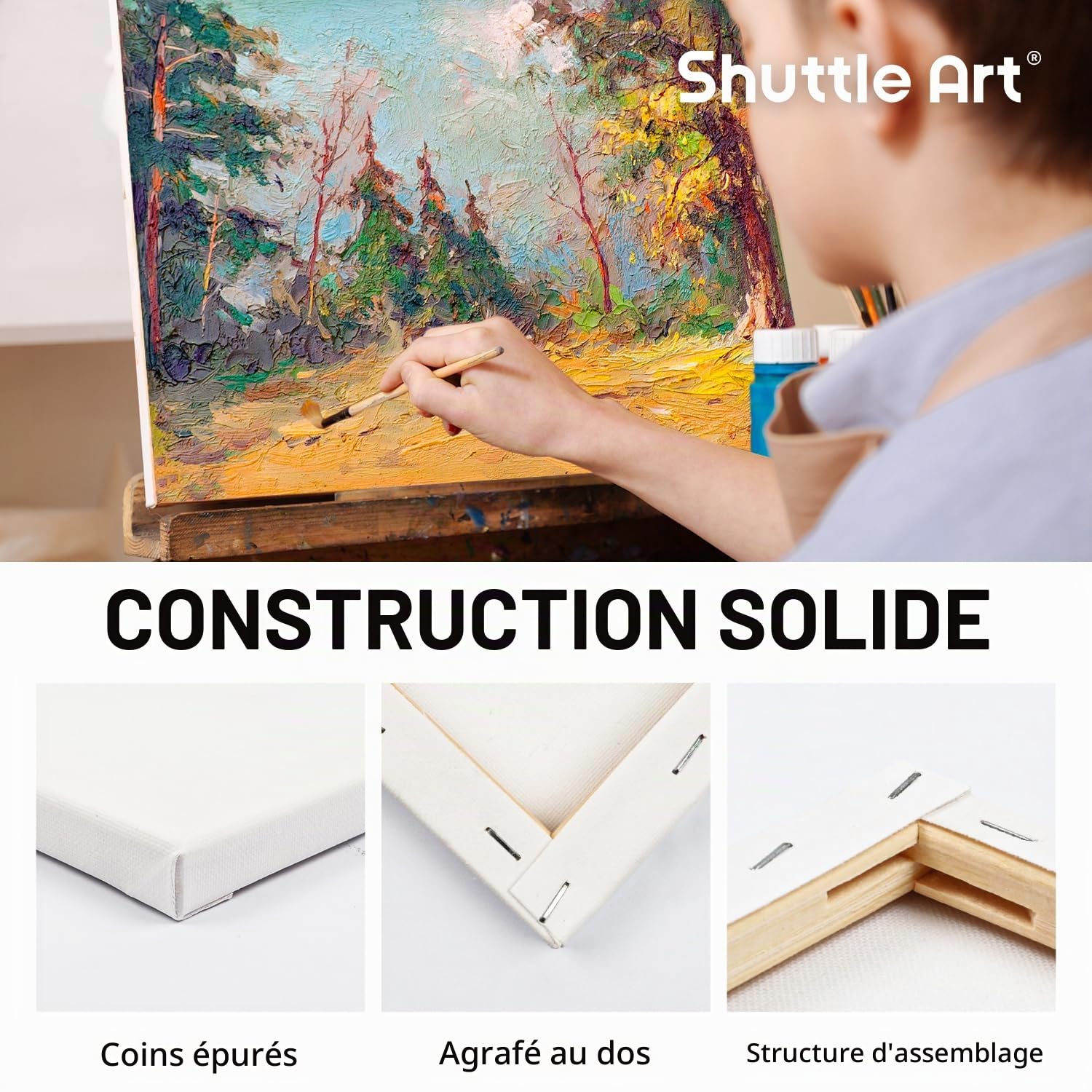 Shuttle Art Lot de 15 toiles tendues, 100 % coton, 12,7 x 17,8 cm, 22,9 x 30,5 cm, 27,9 x 30,5 cm (3 de chaque), 100 % coton, toile blanche apprêtée, toiles d'art pour peinture acrylique, peinture à