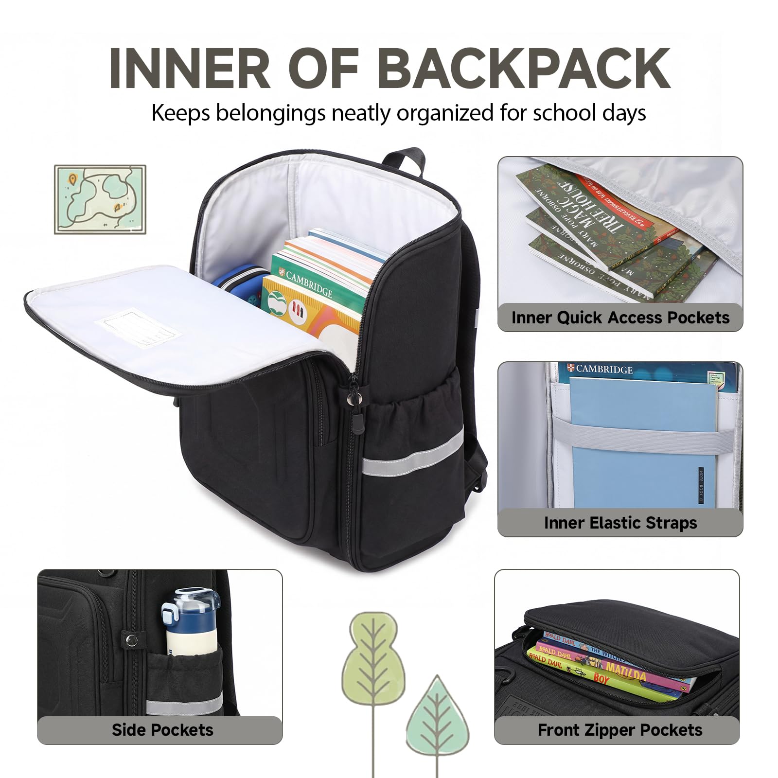 Amythe Zaino Scuola Ragazzi Classi da 1 a 6 Ergonomico Riflettente, Nero | Impermeabile Cinturino Pettorale Leggero Traspirante Nero Daypack Multitasche Capiente Resistente per Scuola Viaggio