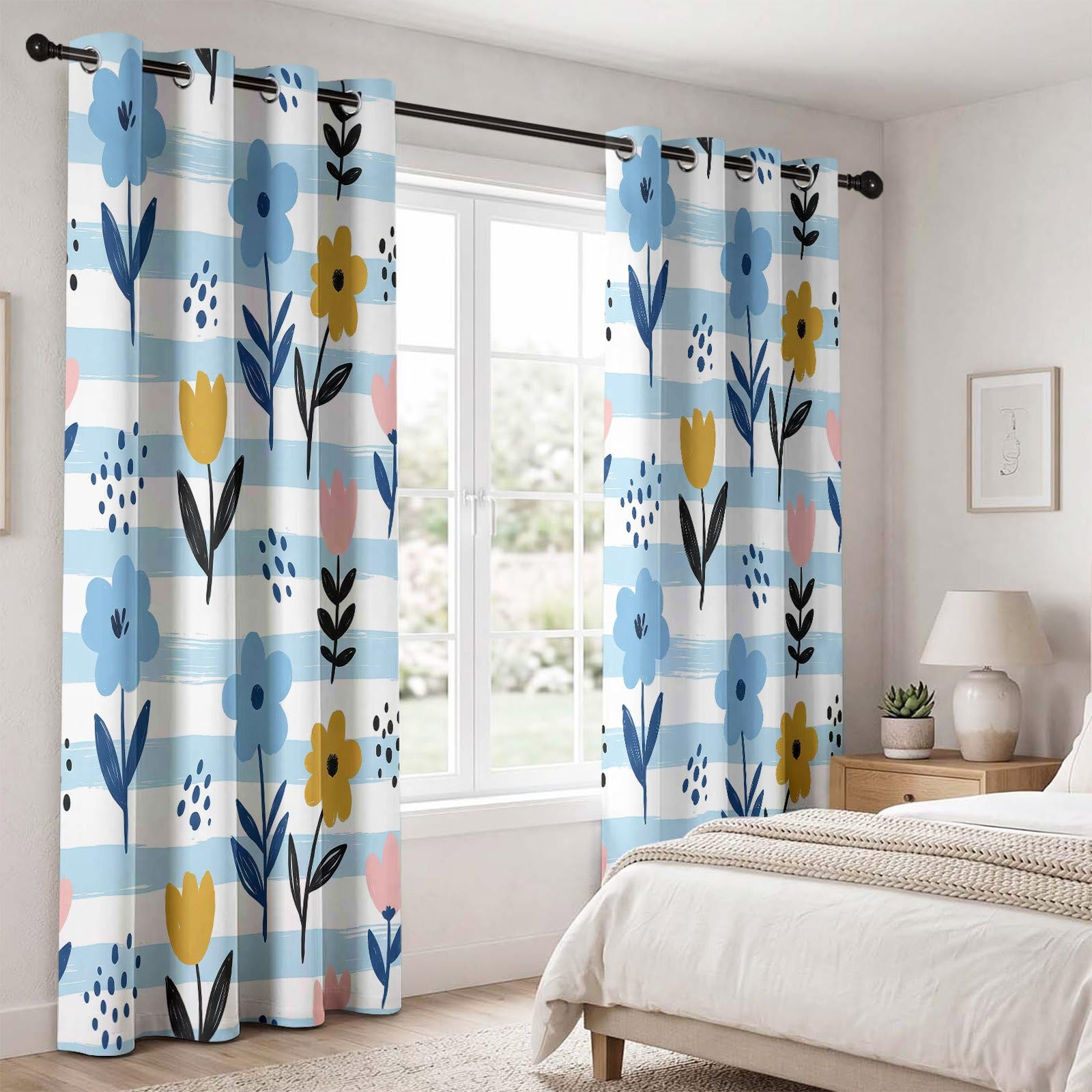 Ländlich Bohème Verdunkelungsvorhänge für Schlafzimmer Wohnzimmer, Pflanzen Blumen Streifen Blau Weiß Wärmeisolierte Vorhänge mit Ösen, Fenstervorhänge Dekoration, H 220 x B 140 cm (2er Pack)