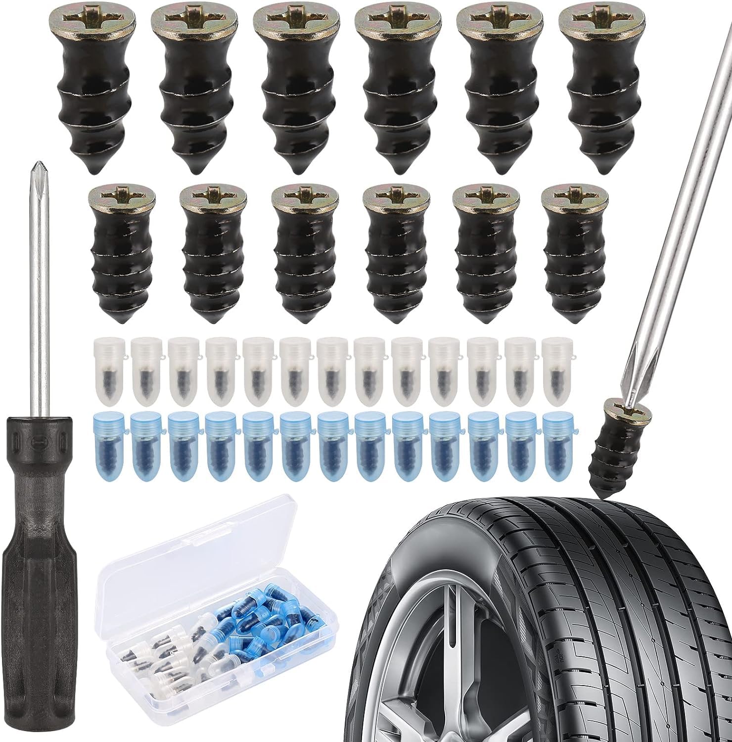 30Pcs Tyre Repair Kit Rubber Nails with Screwdriver, Self-Service Car Puncture Repair Kit, Universal Tire Repair Fast Repair Tool for Motorcycle Auto Car (15 S+15 L)