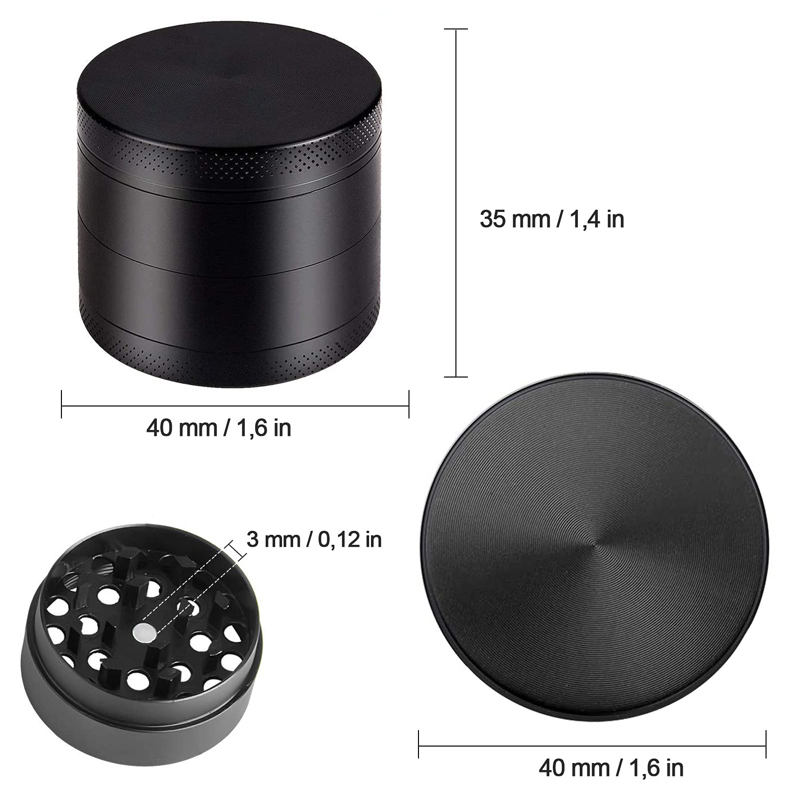 Molinillo de Polen y Especias de Aleación de Zinc - Juego de 4 Piezas Con Raspador de Polen Para Hierbas y Café - Color Negro