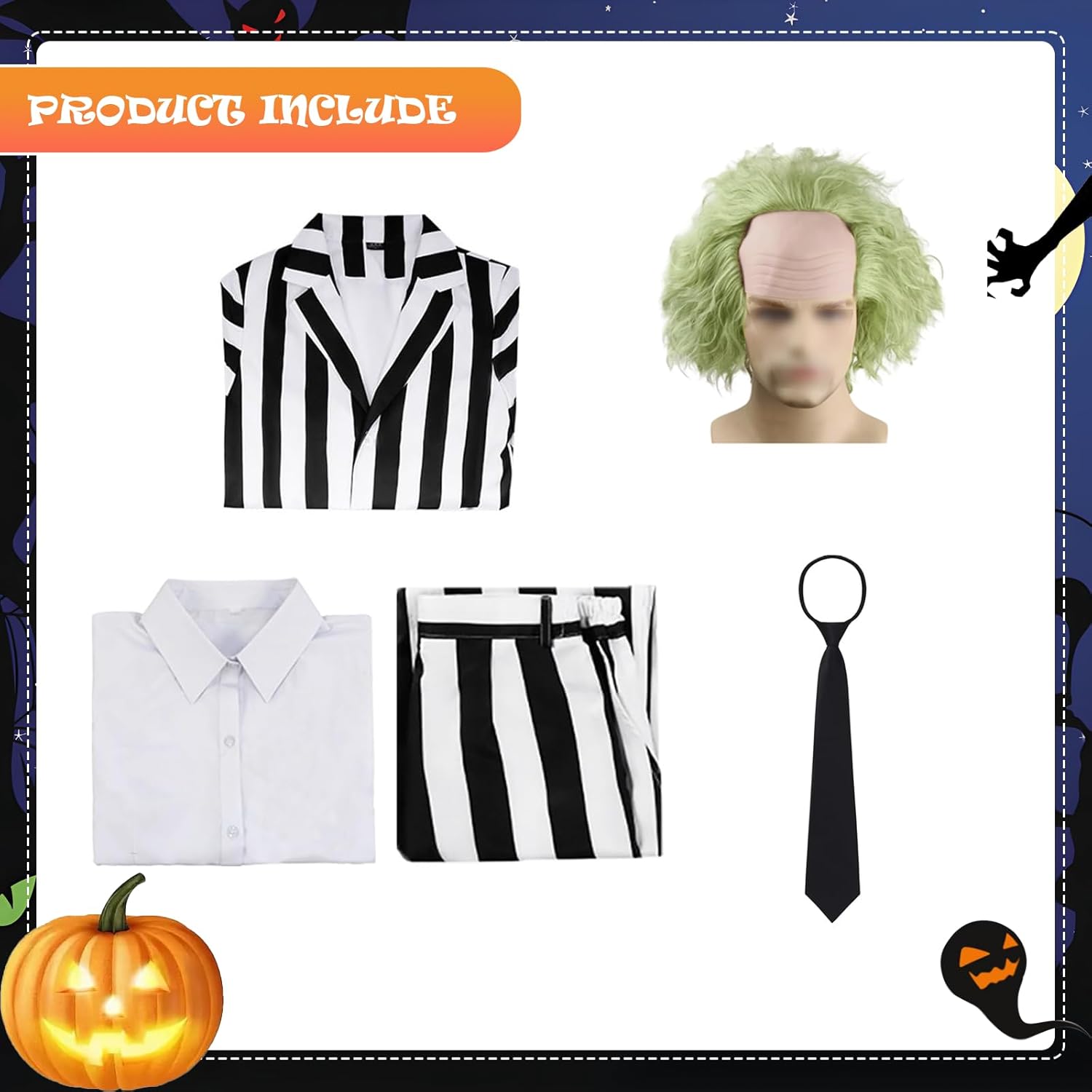 5 Pcs Black and White Striped Suit for Men Halloween Scary Cosplay Costume with Wig