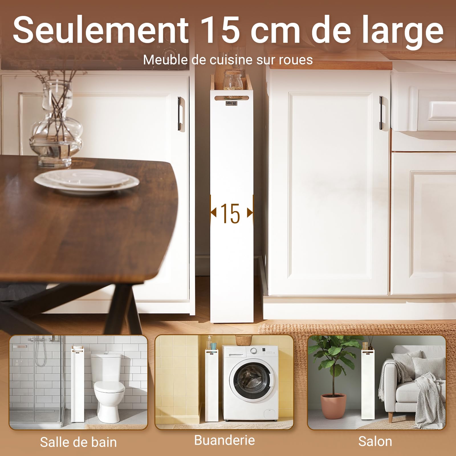 SoBuy Chariot de Rangement à roulettes 15 cm Desserte Cuisine Compacte à 3 Niveaux avec Poignée, Étagère Fine pour Cuisine, Salle de Bain ou Bureau, Meuble Rangement Blanc et Bois 15x50x80 cm NSR12-W