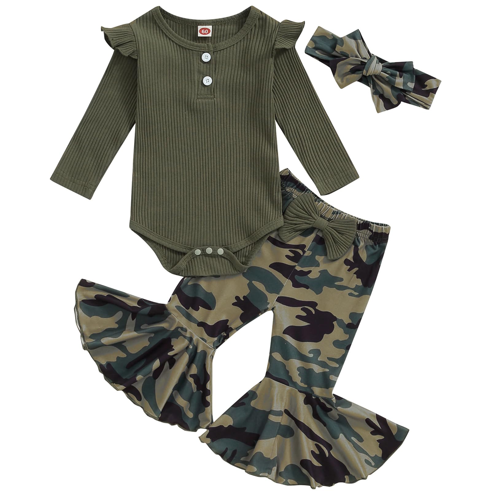 Mubineo Baby Girl Clothes Romper Pant Outfits Long Sleeve Bodysuit Tops Fashion Newborn Floral Bell Bottom Pant Outfit (Army Green Camo, 3-6 Months)