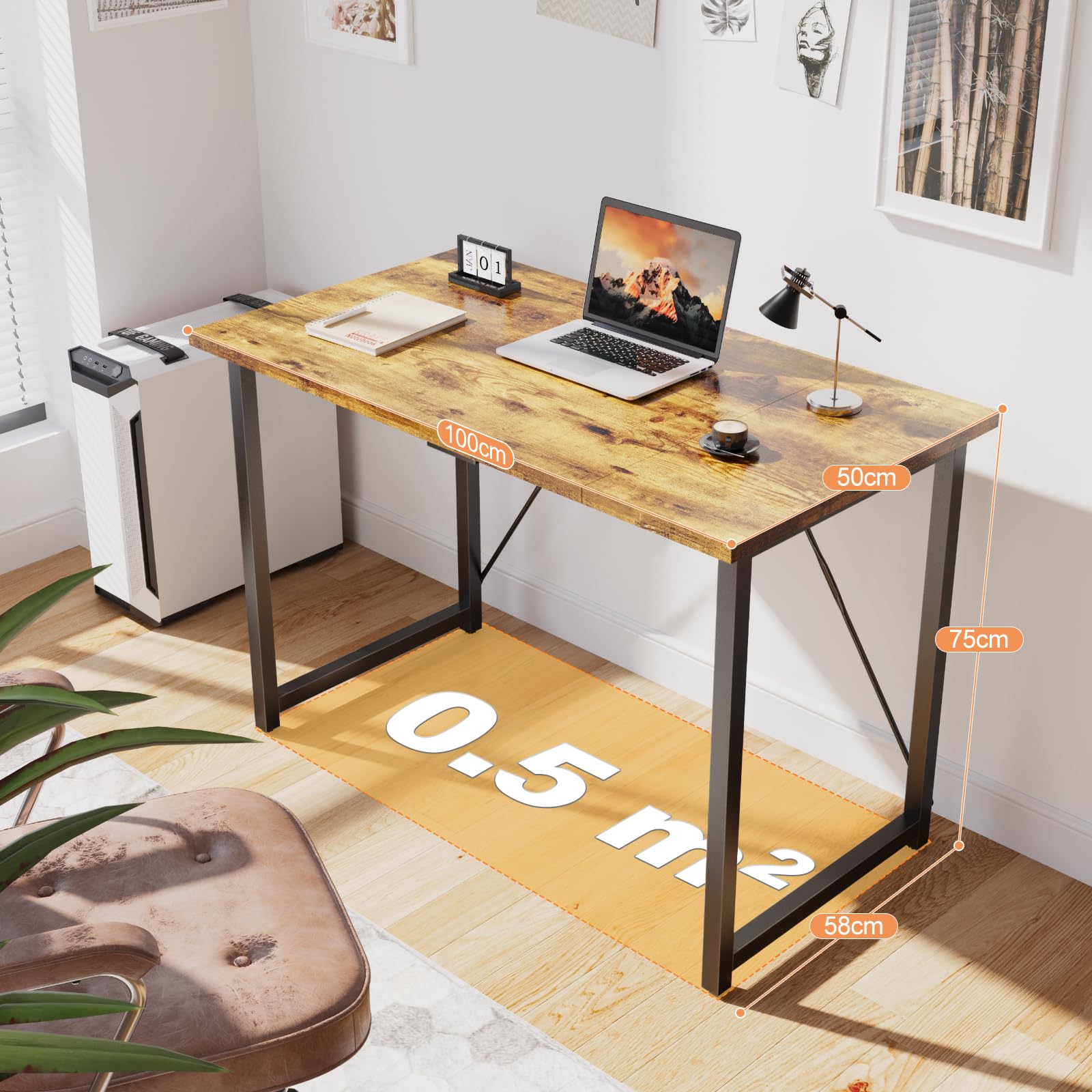 Devoko Bureau d'ordinateur, Table, Petits Bureaux d'étude 100 x 50 x 75 cm pour Les Petits Espaces, Poste de Travail, Bureau et Travail à Domicile, Cadre en Métal, Marron Rustique