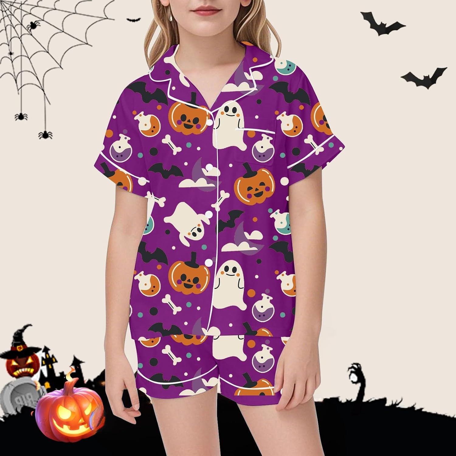 Girls Halloween 2 Piece Outfit Set Pumpkin Spooky Ghost Season Shorts Set | Boys Kids Short Sleeve Halloween 2 Piece Outfit Set Button Down Breathable Lightweight Shirt Elastic Waist Shorts with Pocket