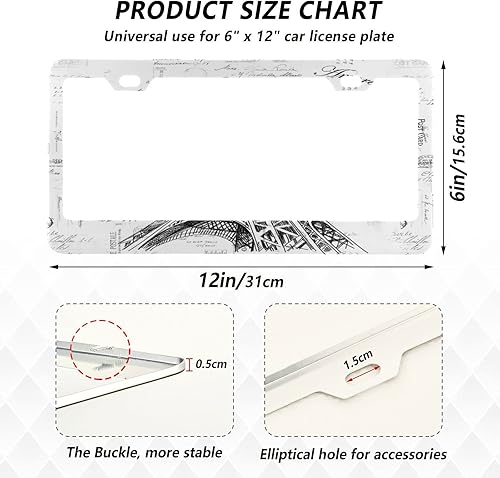 Miniatura 3 de Marco de matrícula de la Torre Eiffel de París, 2 unidades, con 2 agujeros y tornillos, accesorios universales de acero inoxidable para vehículos