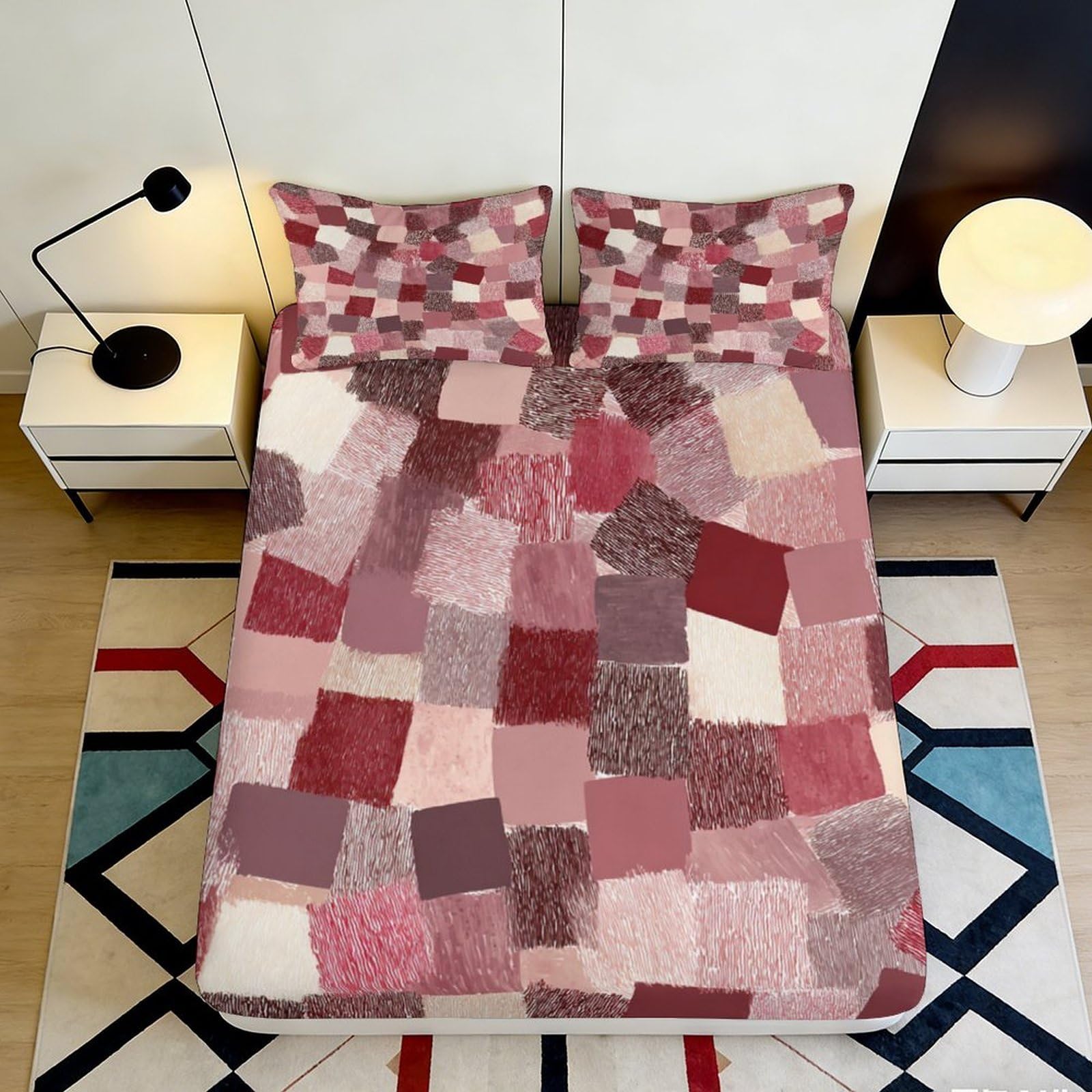 Jqzkxnhpbr Style-2 3D Printed Patchwork Geometric Fitted Sheet Microfiber Soft Anti-Slip Bed Cover Pink Red For Bedroom Dorm Decor 90X200x25cm
