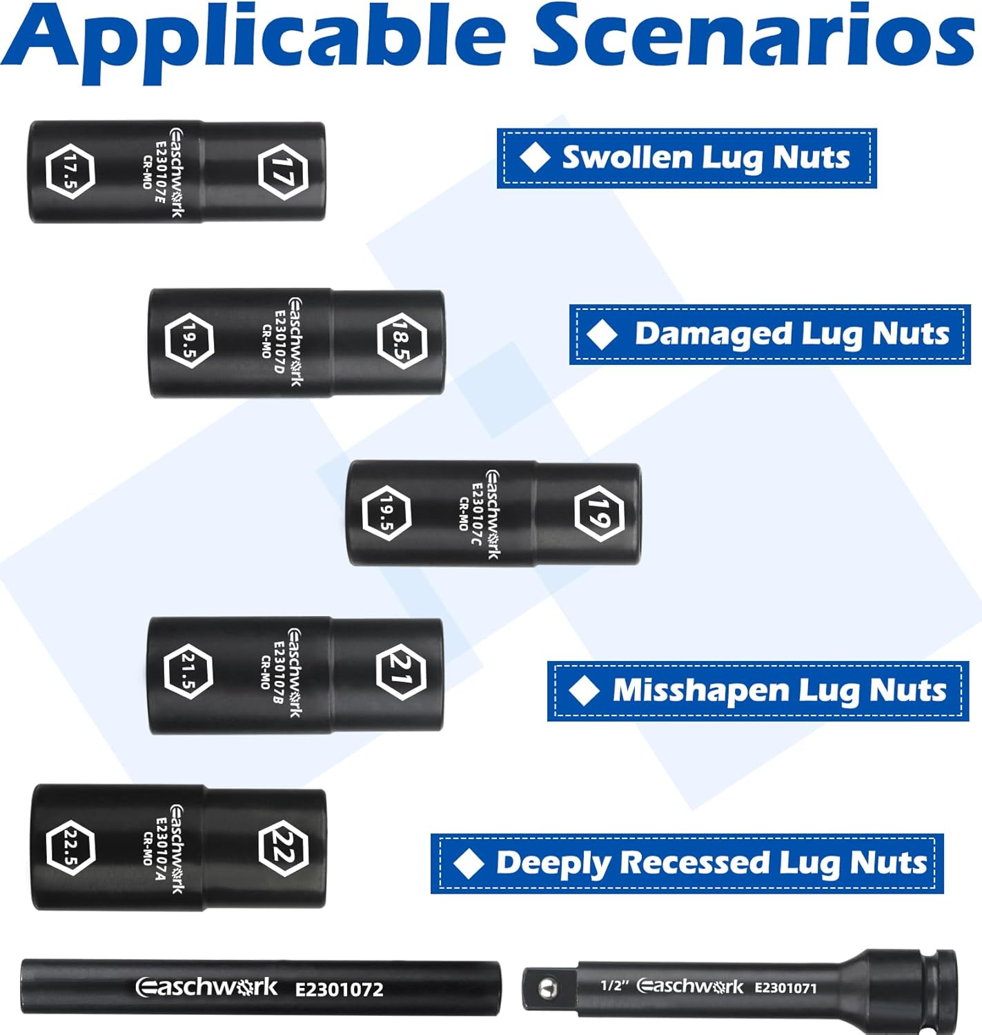 7Pc Half Size Lug Nut Socket Set 1/2” Drive Thin Wall Impact Flip Socket Set With Knockout Bar For Removal of Inflated, Damaged, Warped and Mangled Lug Nuts - Image 4