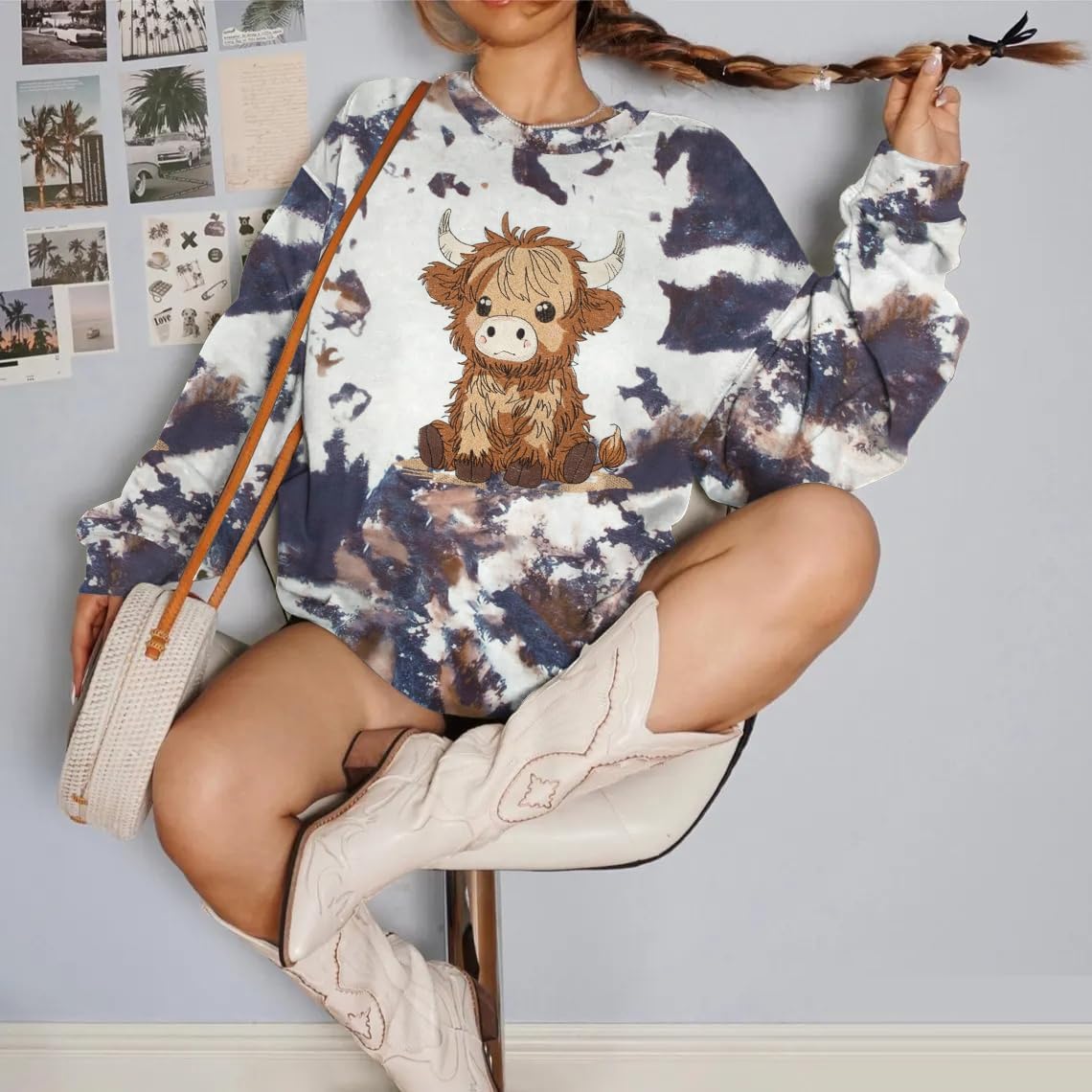 ASTANFY Highland Cow Sweatshirt Women Embroidered Cows Graphic Sweater Western Cowgirl Sweatshirts Farm Long Sleeve tops - Image 4