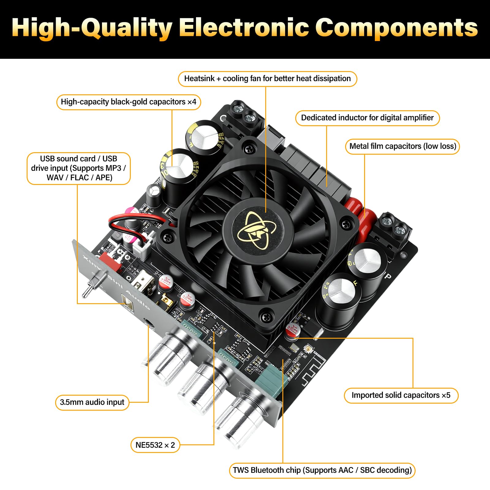 Módulo Amplificador Audio Mini Bluetooth 5.0, Amplificador HiFi Digital Mono Amplificador Clase D Subwoofer 600W con TI TDA3255 y TWS, AAC/SBC, DC 19-51V/10A, BT 5.0/USB/AUX