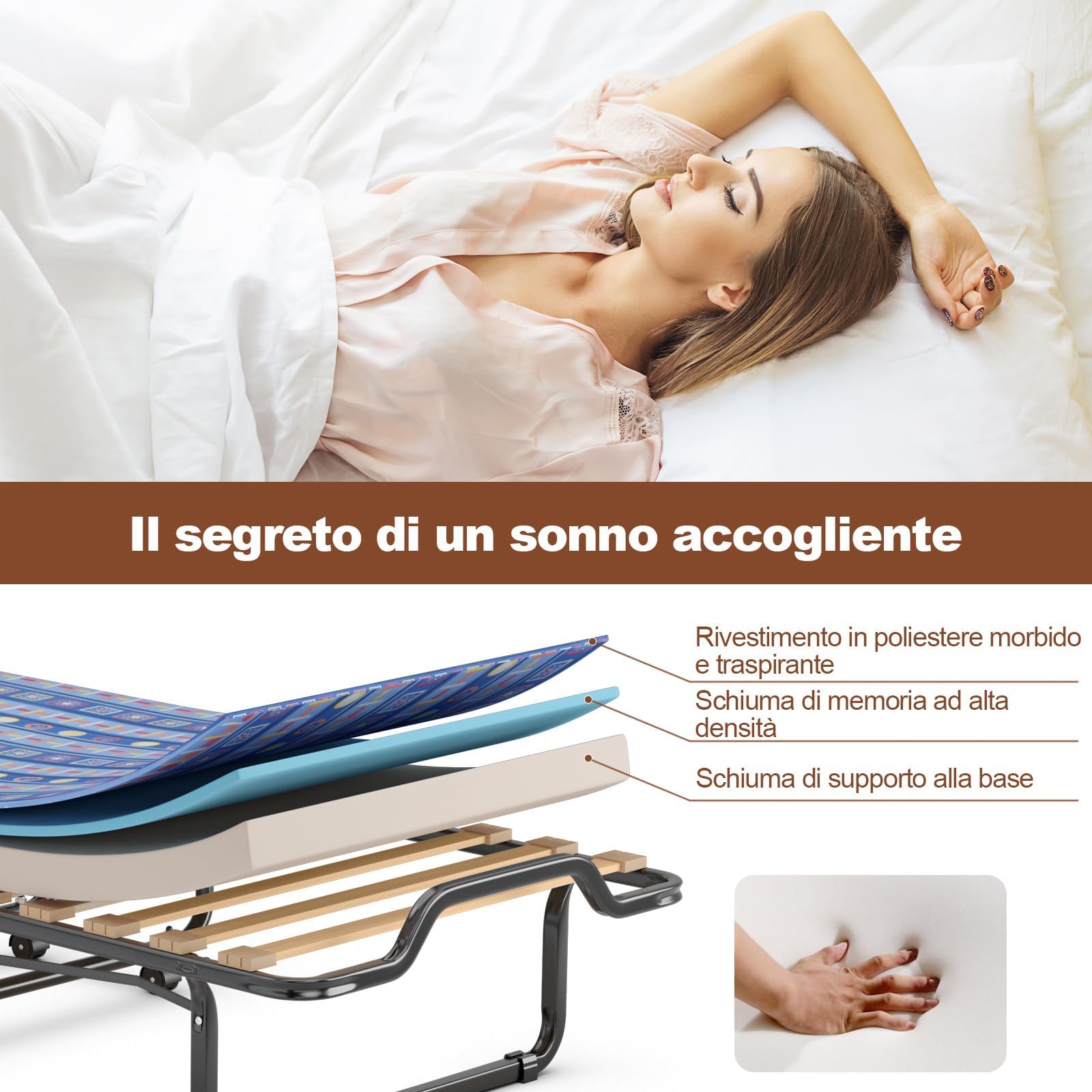 GYMAX Brandina Pieghevole con Materasso 10 cm, 200 x 80 x 40cm, Carico 130 kg, Materasso Memory, a 15 Doghe, Made in Italy (BLU)