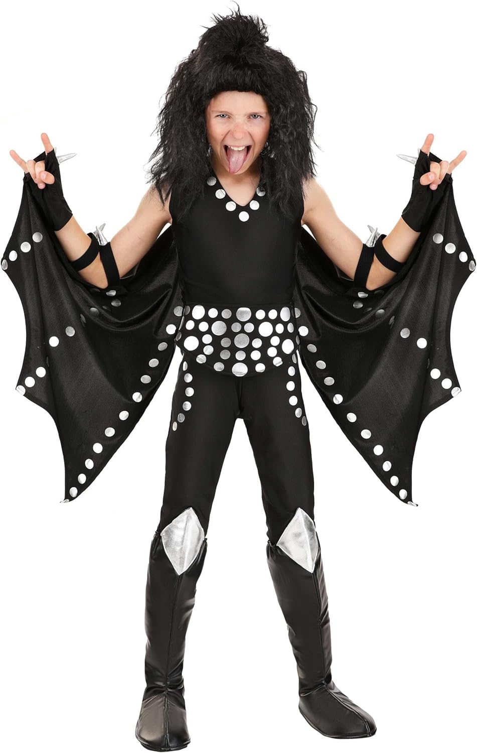 KISS Demon Costume for Kids | Halloween Rock Band Jumpsuit With Silver Foil Details, Wings, Belt, Boot Tops